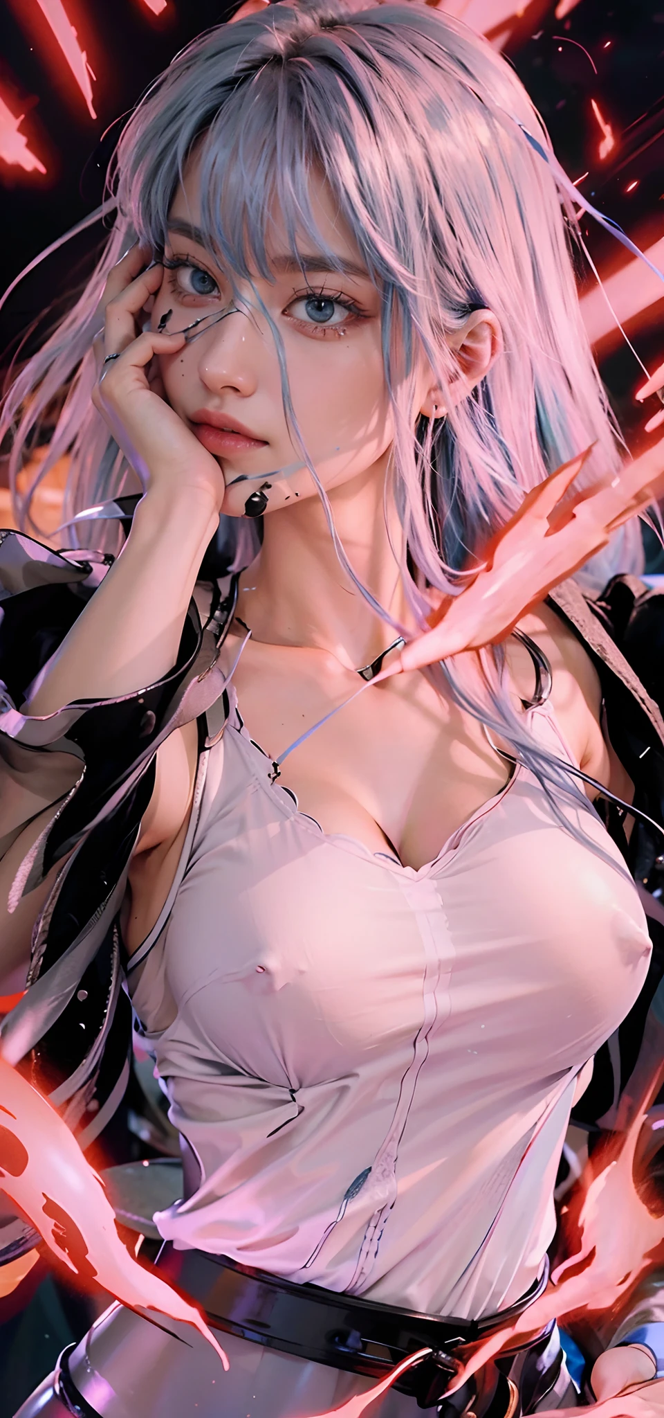highly detailed, 8k, masterpiece, 1girl, Blue pink_hair, , smile, (perfect_face), bound, close-up, bdsm, on_back, ornate, intricate, dramatic lighting, 4k, detailed_background, caustics, full_body,