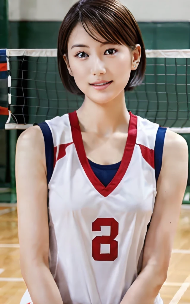 A beautiful woman volleyball player wearing Japanese national uniform, standing still at a volleyball court in a gym, over knees picture, beautiful face, almond eyes, double eyelids, short bob hair, high quality, small breast, slender, skinny, smart face