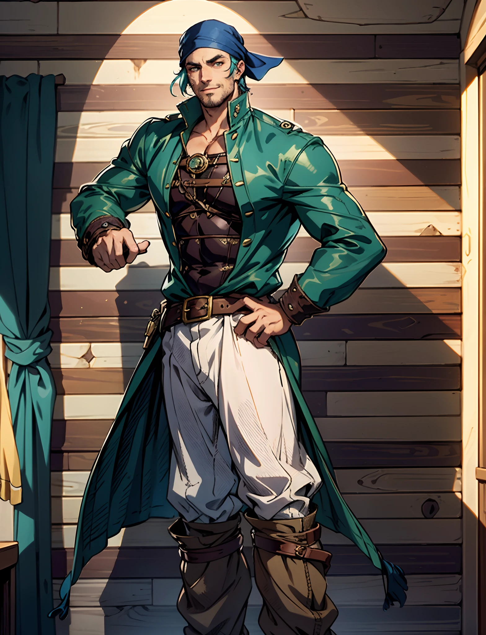 A man with short aqua-blue hair, wearing a headscarf, a fearless gaze, a playful smile, a confident demeanor, he has distinct facial features, he wears a two-piece fantasy pirate outfit, wears a black tight-fitting shirt underneath, a loose sky-blue coat over it, a ghostly face emblem belt, loose fabric pants, stands within a bustling fantasy medieval tavern, this character embodies a finely crafted fantasy-style pirate in anime style, characterized by an exquisite and mature manga illustration art style, high definition, best quality, highres, ultra-detailed, ultra-fine painting, extremely delicate, professional, anatomically correct, symmetrical face, extremely detailed eyes and face, high quality eyes, creativity, RAW photo, UHD, 8k, Natural light, cinematic lighting, masterpiece:1.5