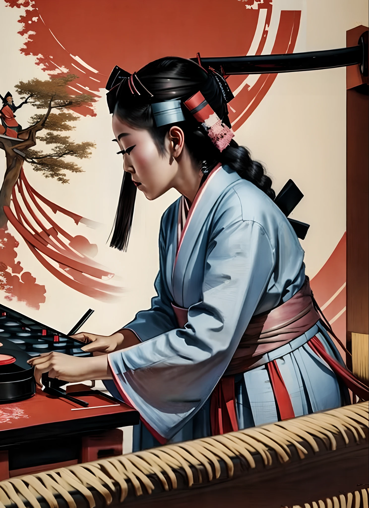 gehsia maid japane Torii djing on katana painting