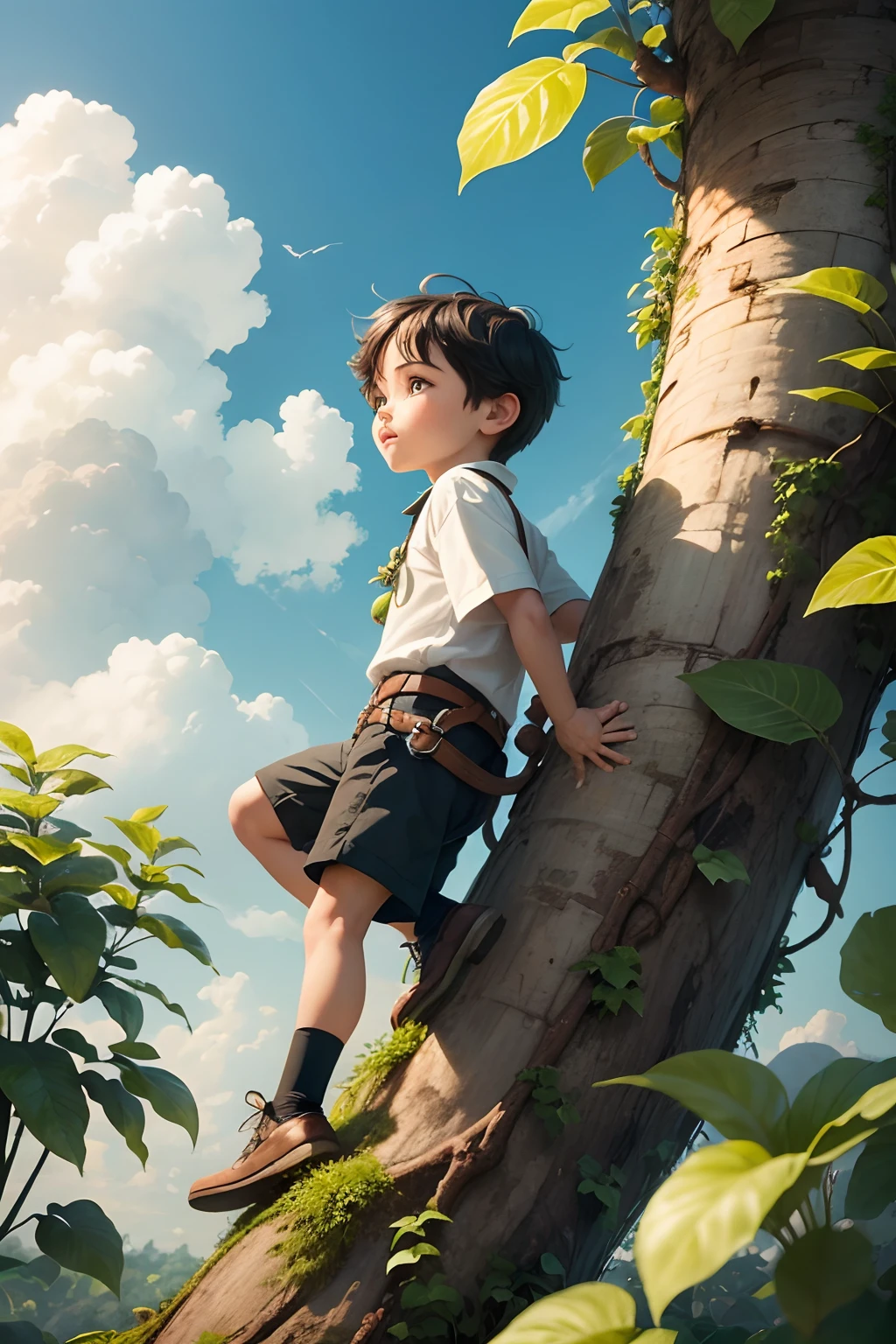 Climbing Climbing A Beanstalk Plant Giant Bush High Up To The Sky With Clouds Many Clouds