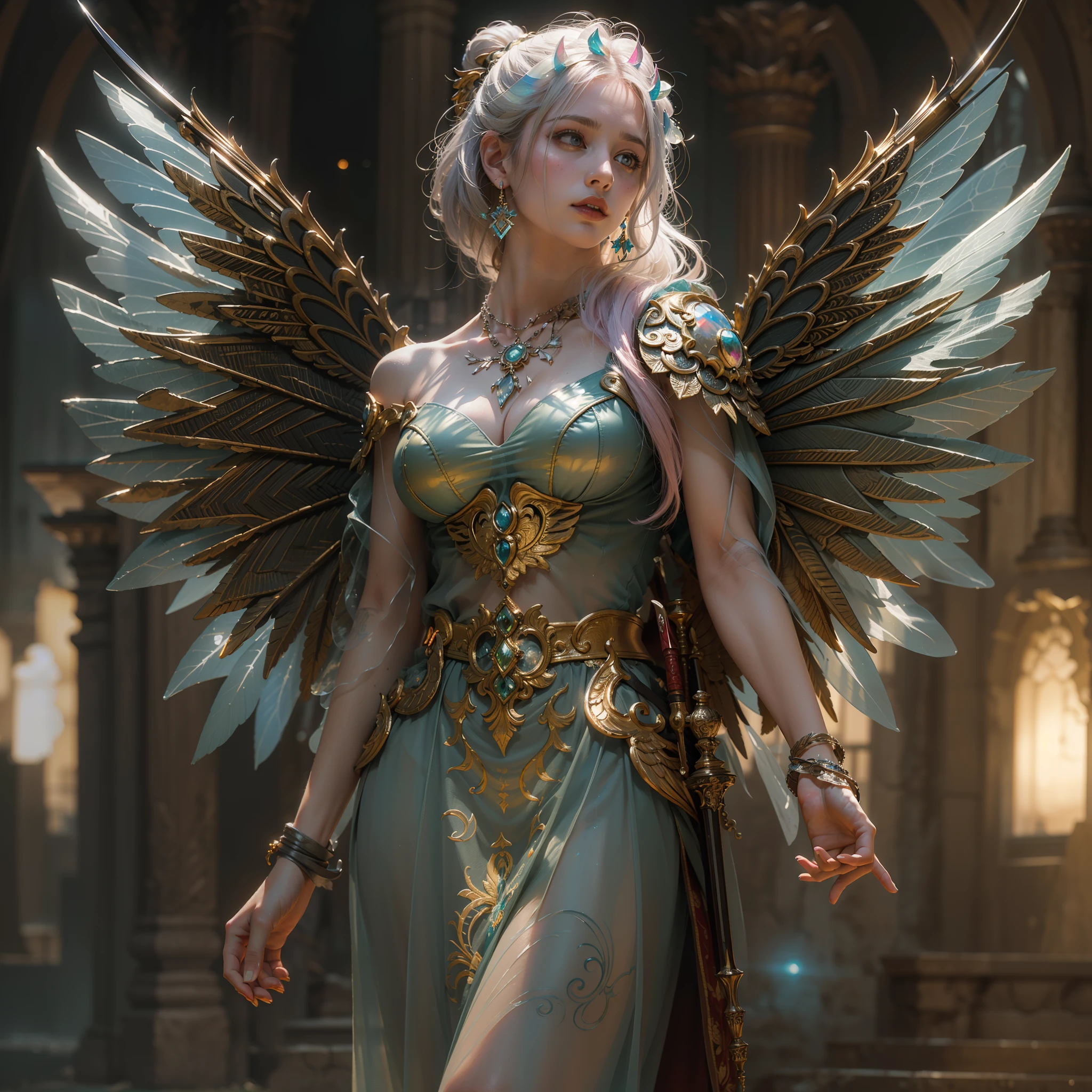 (Numerous award-winning masterpieces of, With incredible details, textures and maximum detail), (full-body standing image:1.8), (up of the upper body:0.3), (Ultra photo realsisim:1.4), (Realistic:1.3), (best quality real texture skin), (Beautiful fairy old warrior:1.7), (Hold a straight hilt,well decorated,Exudes a mysterious glow: 1.9), (Fine true circle Symmetrical eyes), (Beautifully drawn beautiful face), ((medieval world)), (full body armors,With exquisite decoration,Damaged in some places: 1.8), (full-body standing image:1.8), (Beautiful clear eyes), (Slight smile), (Beautiful colored eyes full of joy), (Shining majestic cloud masses and sky:1.4), (halo optical phenomenon:1.3), (Hand-held with a beautifully carved weapon:1.6), Dramaticlight, A majestic sight, (The wings and wings are translucent:1.8), (Four, Transparent wings,The wing veins resemble dragonfly wings behind the shoulders: 1.9), (((Folded wings))), Glass earrings on the ears, (((Dramatic photo))), (full-body standing image:1.8), (Golden hair), (Silver hair), (maroon hair), short detailed hair, ((head looking up)), ((Looking down)), (Around her neck is a simple necklace of exquisite workmanship), Old ruins infested with plants, great temple, great cathedral, Temple ruins, detached temple, (Luminous magic circle), Ancient Castle Site, Deserted ruins, crumbling ruins, Ancient ruins with clear water, Highly detailed, Ultra-realistic, Intricate details, Painting (artwork of a), ((Masterpiece,Best quality)), ((Cinematic light)), Ultra photo realsisim, fearsome, Dark fantasy, holy rays, epic realistic, Faded, ((com cores neutras)), art, (hdr:1.5), (pastel colour:1.2), ultra - detailed, (Art Station:1.5), Cinematic, warm lights, Light effect, Dramaticlight, (Intricate details:1.1), the complex background, (greg rutkovsky:0.8), (Teal and orange:0.4),