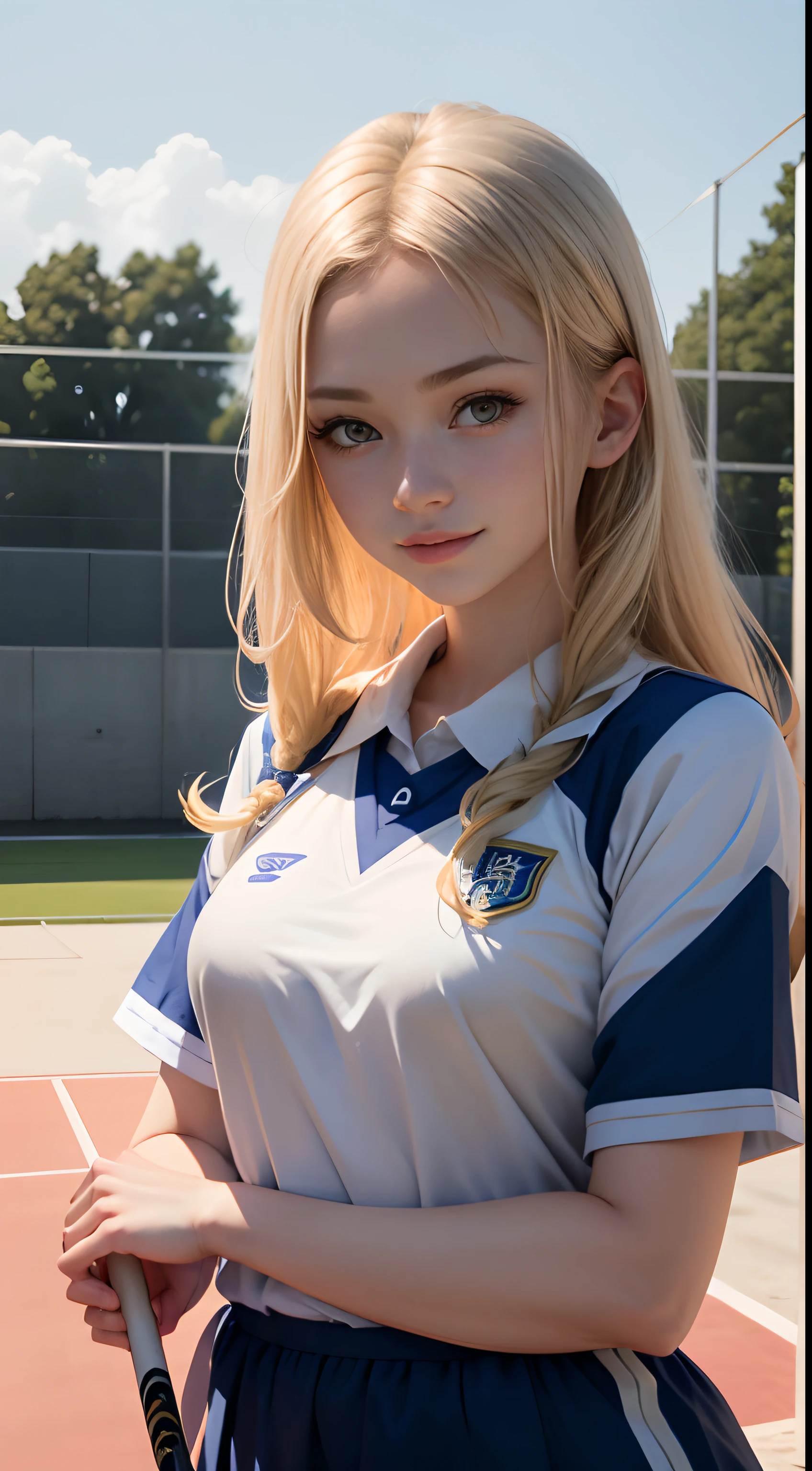 1girl in、Top image quality、Young Adult Women、hposing Gravure Idol、a blond、blue eyes、Lacrosse court on background、Lacrosse Uniforms、Buruma、A slender、realisticlying、ren、A slight smil、Be sure to draw your face、Correctly depict the structure of the human body、