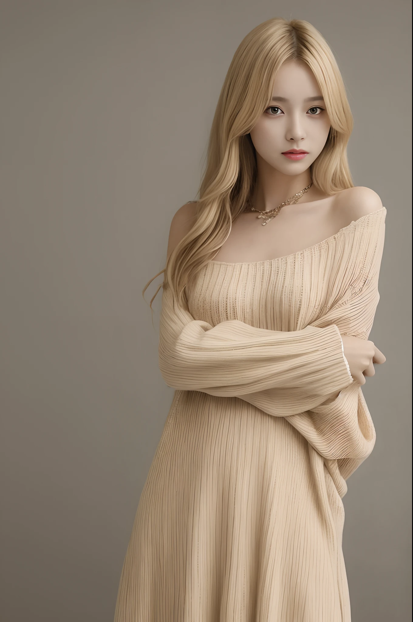 1 girl in, age19, Yui, The long-haired, Colossal, Look at the viewer, blonde  hair, Cute Dresses, Brown-eyed, jewely, full body Esbian, a necklace, off shoulders, Sweaters, realisitic, True beauty