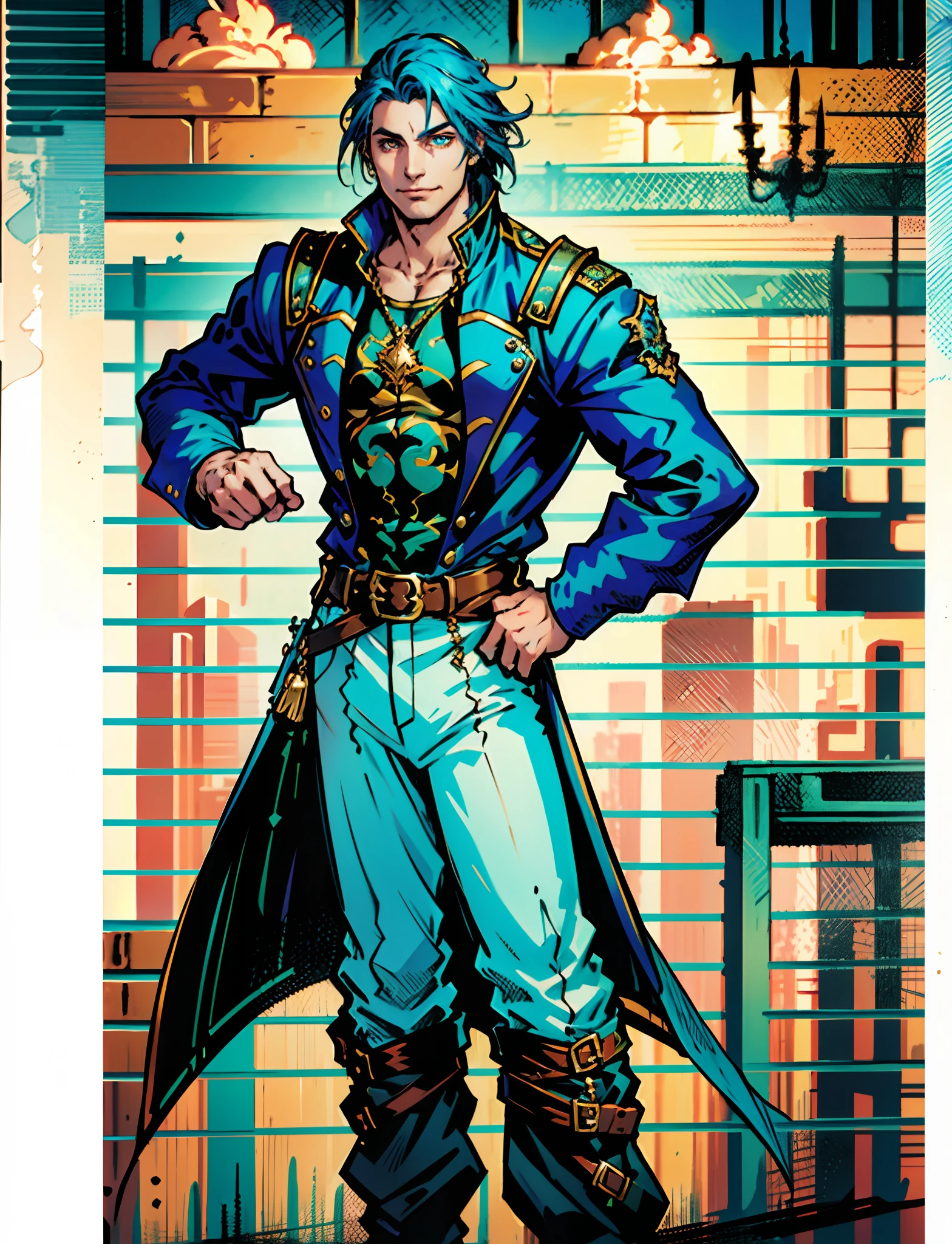 A man with short aqua-blue hair, wearing a headscarf, a fearless gaze, a playful smile, a confident demeanor, he has distinct facial features, he wears a two-piece fantasy pirate outfit, wears a black tight-fitting shirt underneath, a loose sky-blue coat over it, a ghostly face emblem belt, loose fabric pants, stands within a bustling fantasy medieval tavern, this character embodies a finely crafted fantasy-style pirate in anime style, characterized by an exquisite and mature manga illustration art style, high definition, best quality, highres, ultra-detailed, ultra-fine painting, extremely delicate, professional, anatomically correct, symmetrical face, extremely detailed eyes and face, high quality eyes, creativity, RAW photo, UHD, 8k, Natural light, cinematic lighting, masterpiece:1.5