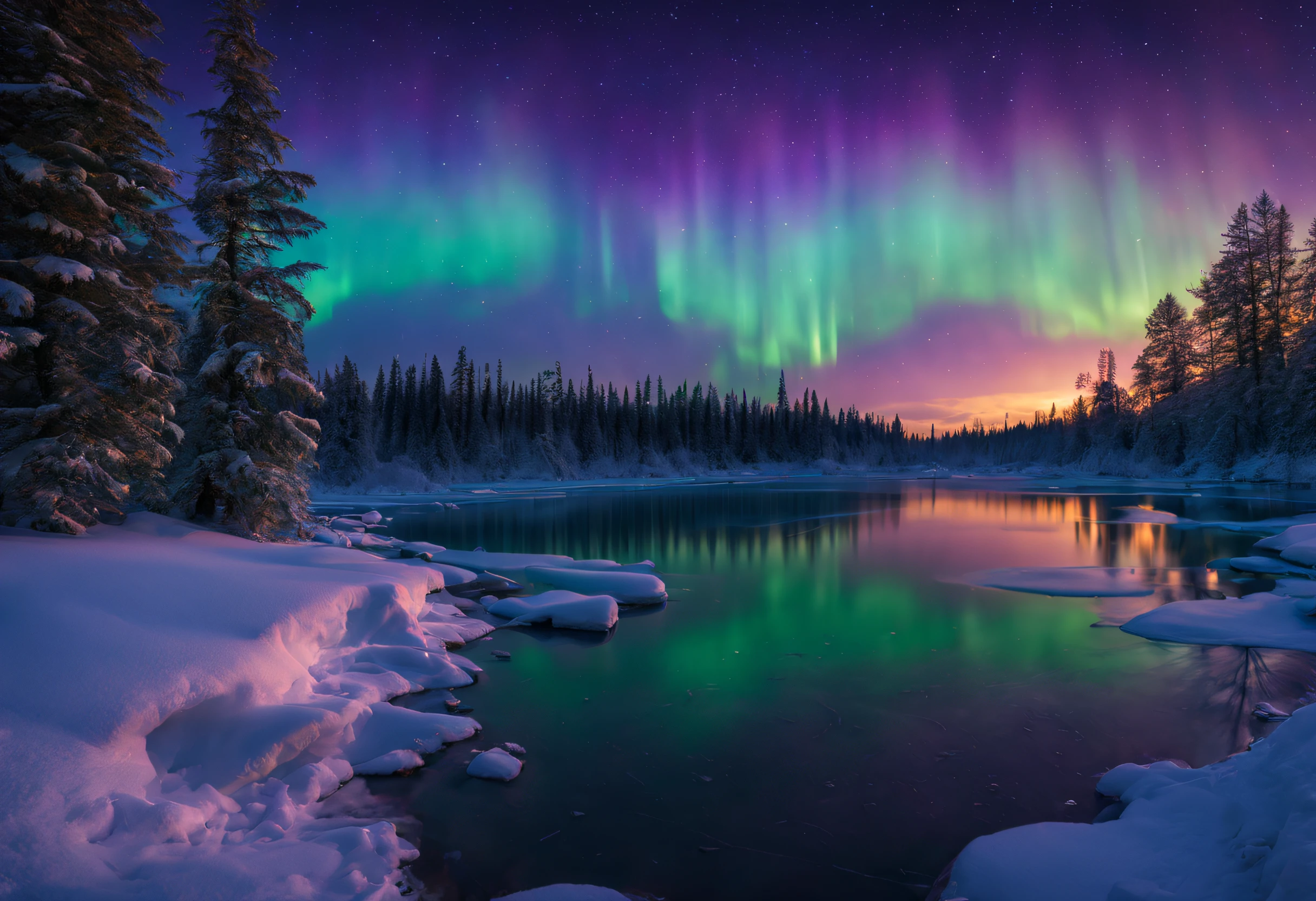 (best quality,4k,8k,highres,masterpiece:1.2),ultra-detailed,(realistic,photorealistic,photo-realistic:1.37),vivid colors,bokeh,northern lights,aurora borealis,winter wonderland,snow-covered landscape,starry night,glowing sky,dancing lights,icy trees,peaceful atmosphere,purple and green hues,majestic display,ethereal beauty,magical scene,frozen lake,reflection,serene silence,awe-inspiring,tranquil setting,captivating spectacle,enchanted forest,otherworldly experience,mystical colors,dazzling exhibition,celestial display,shimmering curtains of light,jaw-dropping view,unforgettable moment,mesmerizing patterns,frozen breath,nature's fascinating phenomenon,whispering wind,kaleidoscope of colors,dreamlike ambiance,celestial magic,illusory beauty,cold and crisp air,winter's enchantment,cosmic dance