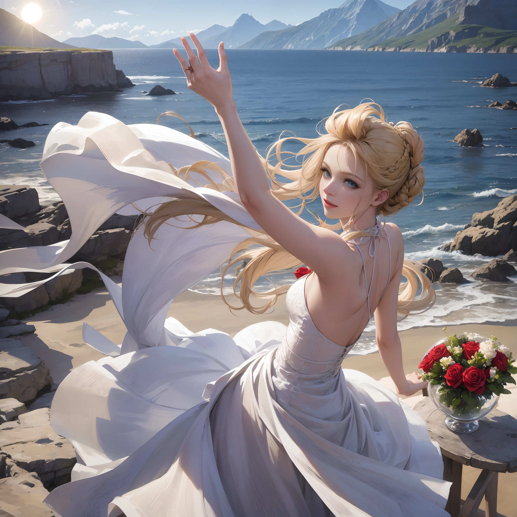 The sun in a crystal glass by the sea, Against the backdrop of mountains, A glass of a regular classical shape, Open from above, Below, Next to the glass, It's a red rose, High-quality and realistic photography,Optimal image, Kaihuai, cheerfulness, Shy, Light blonde lustrous updo braided rainbow hairstyle, sparkling blue eyes, great proportion, Professional lighting