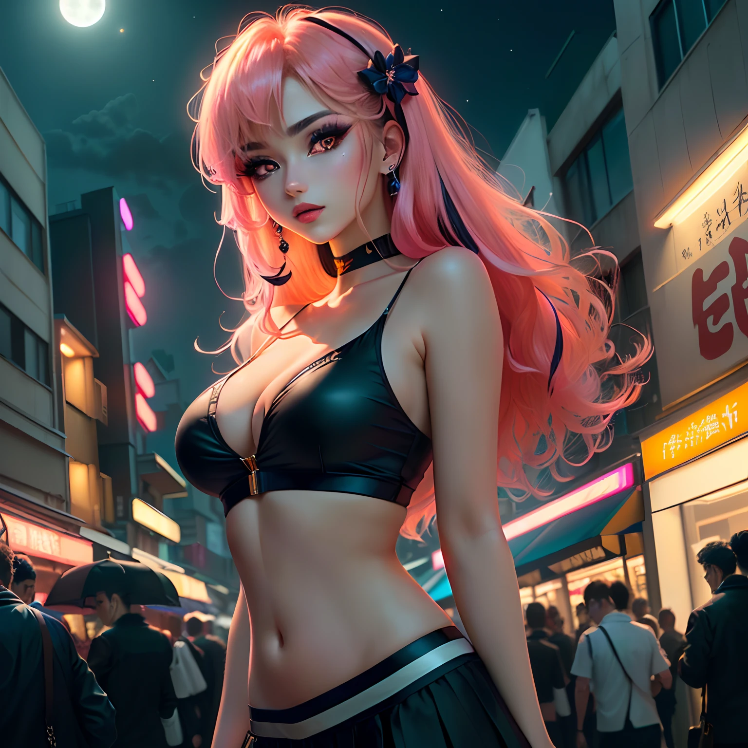 A beautiful woman in gyaru makeup wearing school uniform on the bustling streets of Gintama, surrounded by vendors, beautiful portrait of a stunning goddess girl, beautiful detailed face, porcelain skin, half body shot, centered,(black hai,navel:1.2),((moonlight,night,big neons,strong neon lighting,rim lighting,two tone lighting))),