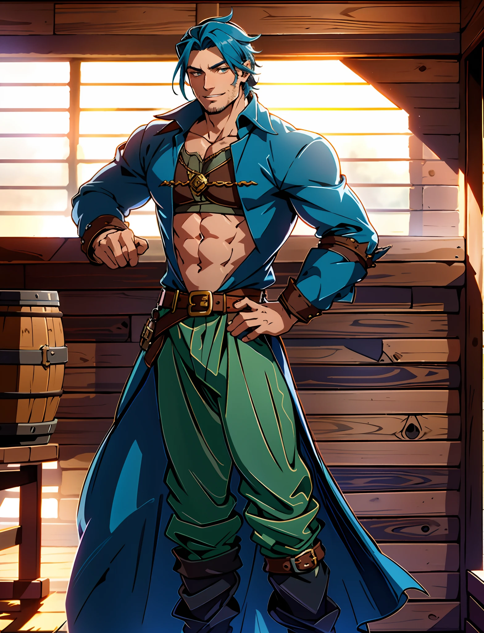 A man with short aqua-blue hair, wearing a headscarf, a fearless gaze, a playful smile, a confident demeanor, he has distinct facial features, he wears a two-piece fantasy pirate outfit, wears a black tight-fitting shirt underneath, a loose sky-blue coat over it, a ghostly face emblem belt, loose fabric pants, stands within a bustling fantasy medieval tavern, this character embodies a finely crafted fantasy-style pirate in anime style, characterized by an exquisite and mature manga illustration art style, high definition, best quality, highres, ultra-detailed, ultra-fine painting, extremely delicate, professional, anatomically correct, symmetrical face, extremely detailed eyes and face, high quality eyes, creativity, RAW photo, UHD, 8k, Natural light, cinematic lighting, masterpiece:1.5