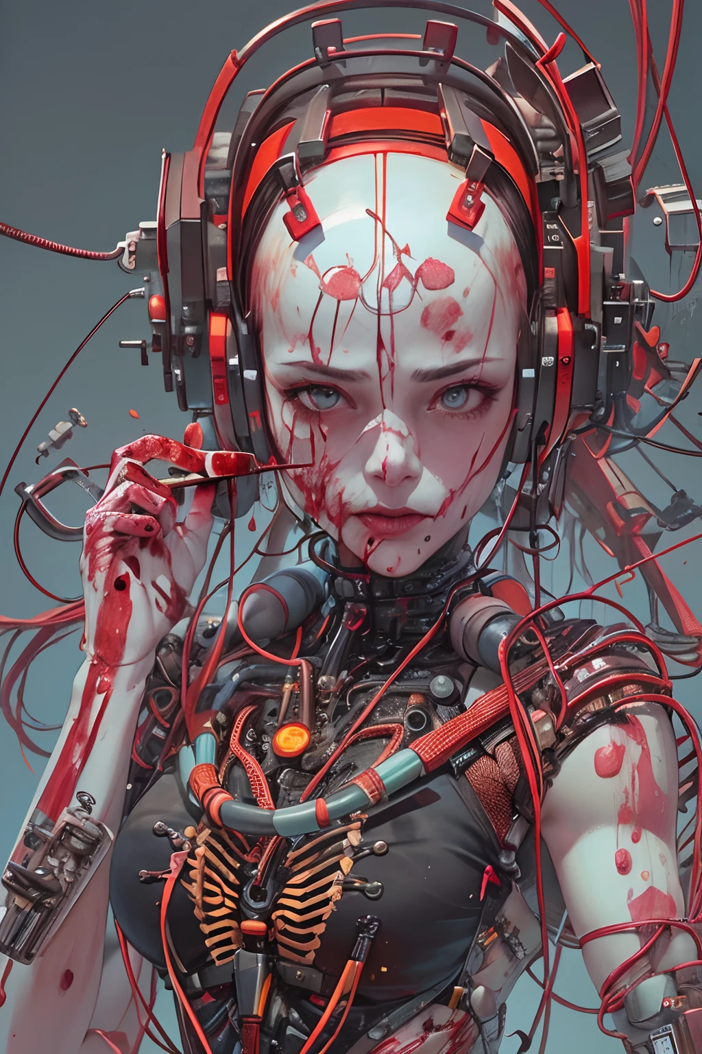 (master part, Qualidade Superior, best quality, Arte Oficial, Beautiful and Aesthetic:1.2), extremamente detalhado,colorido,mais alto detalhado ((ultra-detalhado)), (Highly detailed CG illustration), Um belo ukiyo super realista hiper detalhado, best quality, 8k colorful manga, world-renowned artist, Realistic Sci-Fi Digital Illustration,terror ((Guro)) Skull painting discovered, teoria unificada biomecanismo exposto, vivid brain visible flesh display, human brain with exposed wires ( cyberpunk ninja android:1.2), corpo detalhado cyborgzitation, corpo de horror, ((Guro)) hose neck meat and blood tubes mechanical body (usando streetwear ninjapunk)), retrato detalhado close up, arte conceitual, por takato yamamoto, WLOP, Krenz Cushart. cinematic dramatic atmosphere, foco nítido,( detalhes da pedra de jade e , vermelho, paleta preta), cinematic detail ((um extremamente delicado e bonito)),(de lado),Cinematic light,((1Mechanical ninja girl)),sozinho,corpo inteiro,(machine made joints:1.2),((machanical limbs)),(Blood Vessels Attached to Tubes),(mechanical vertebra attaching to back),((mechanical cervial attaching to neck)),(sentado),no expression,(wires and cables attaching to neck:1.2),(wires and cables on the head:1.2)(foco no personagem),science fiction,fundo branco,(sangue:1.5)