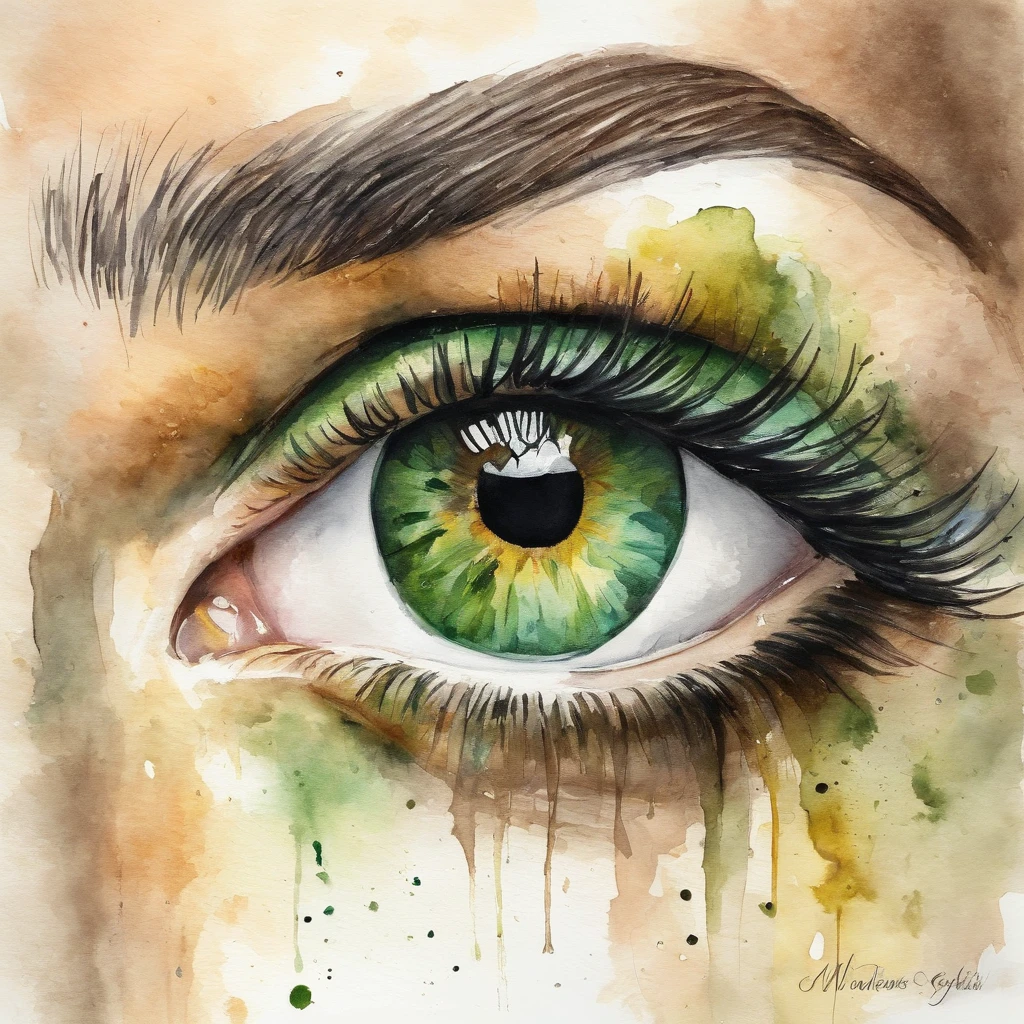 Close up girl eyes with green iris, Van Gogh style, watercolor, soft color, side view face, close-up, Vintage images, high resolution, realistic