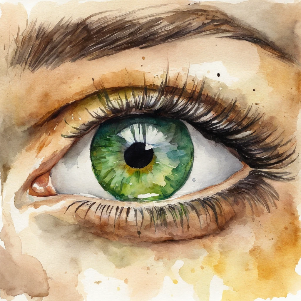 Close up girl eyes with green iris, Van Gogh style, watercolor, soft color, side view face, close-up, Vintage images, high resolution, realistic