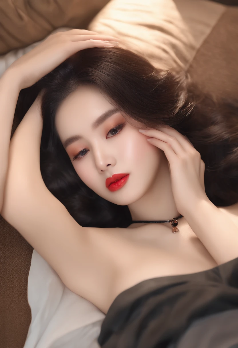 ((top-quality、8k、masterpiece:1.3))、Beautuful Women、Hide your face、1girl in、Beautiful breasts:1.3、Slender abs:1.1、fullnude、cleavage of the breast、Long black hair、(Lie down on the bed)、hyperdetailed face、very detailed lips、A detailed eye、二重まぶた、