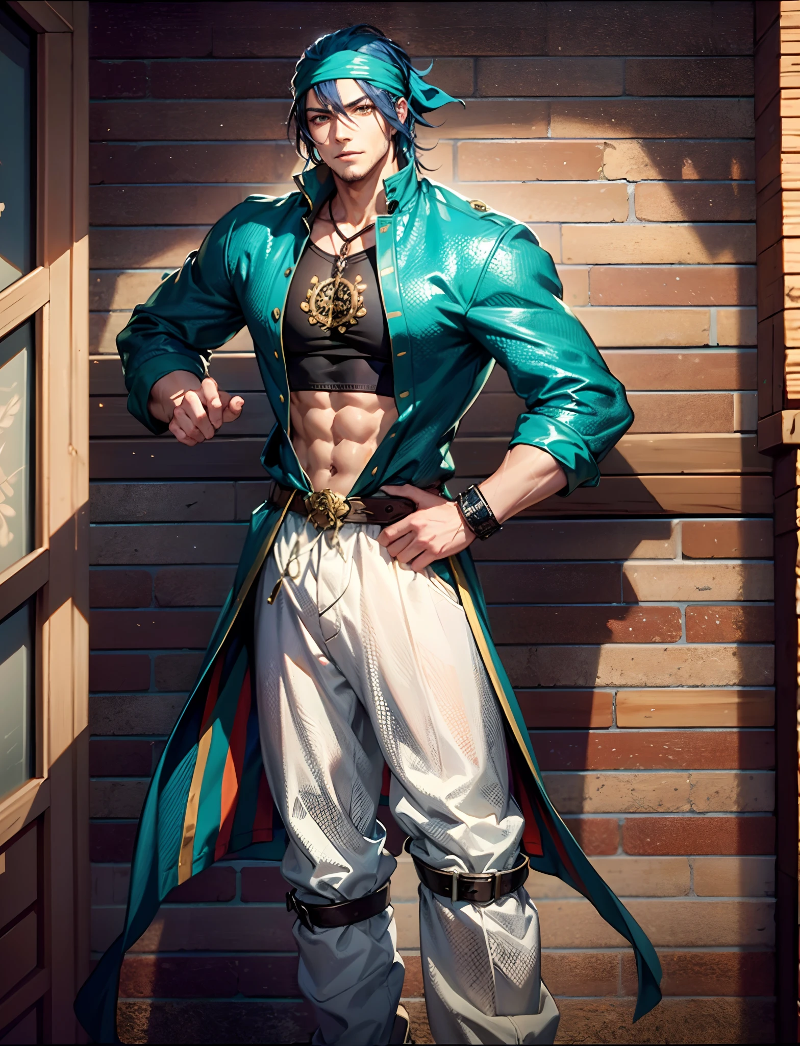 A man with short aqua-blue hair, wearing a headscarf, a fearless gaze, a playful smile, a confident demeanor, he has distinct facial features, he wears a two-piece fantasy pirate outfit, wears a black tight-fitting shirt underneath, a loose sky-blue coat over it, a ghostly face emblem belt, loose fabric pants, stands within a bustling fantasy medieval tavern, this character embodies a finely crafted fantasy-style pirate in anime style, characterized by an exquisite and mature manga illustration art style, high definition, best quality, highres, ultra-detailed, ultra-fine painting, extremely delicate, professional, anatomically correct, symmetrical face, extremely detailed eyes and face, high quality eyes, creativity, RAW photo, UHD, 8k, Natural light, cinematic lighting, masterpiece:1.5