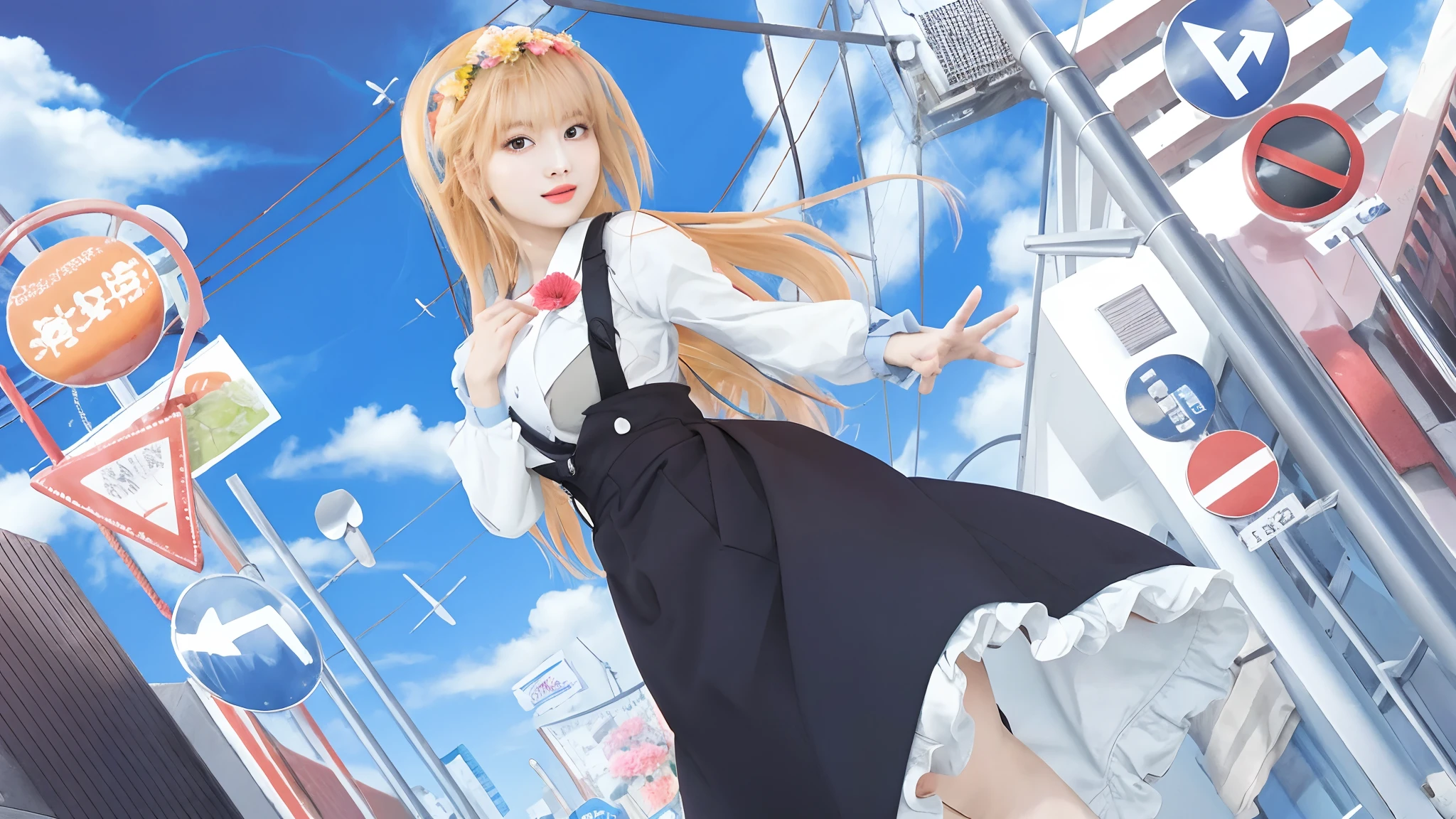 momo, 1girl, a young woman, (upper body:1.2), (looking at viewer:1.3), (schoolgirl jacket), (flower crown), (beautiful city, beautiful sky background), natural skin color, (closed mouth:1.2), (medium breast), floating hair, beautiful expression, face detailed, eyes detailed, iris detailed, masterpiece, best quality, photorealistic, hyper realistic, ultra detailed, perfect lighting, depth of field, shadows, highres,