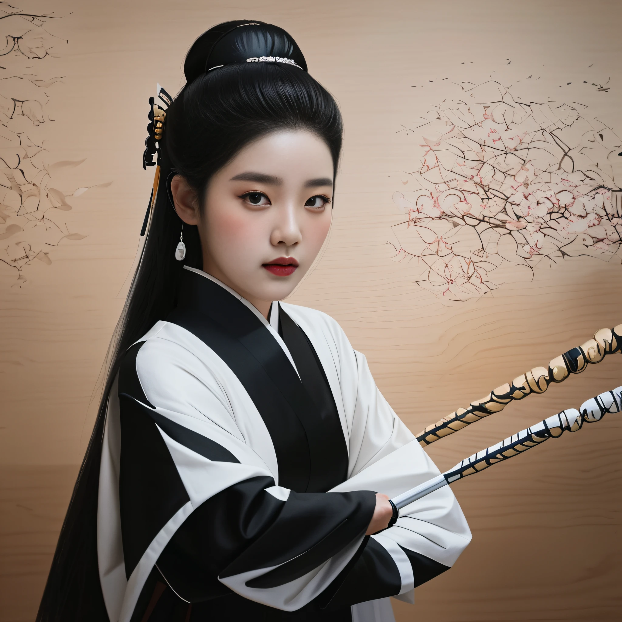 painting of a woman in a black and white outfit holding a wooden stick, inspired by Yun Du-seo, iu lee ji-eun as a super villain, a beautiful artwork illustration, beautiful digital artwork, beautiful character painting, inspired by Jeong Seon, she is holding a katana sword, ornate korean polearm behind her, inspired by Shin Yun-bok.
