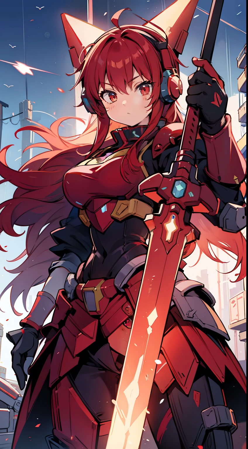 。.animesque, backgroung details, Body Neon Detail, Swordtail Details, Gundam, ((Red mechanic armor)), headphones, Female,Red hair, Long hair