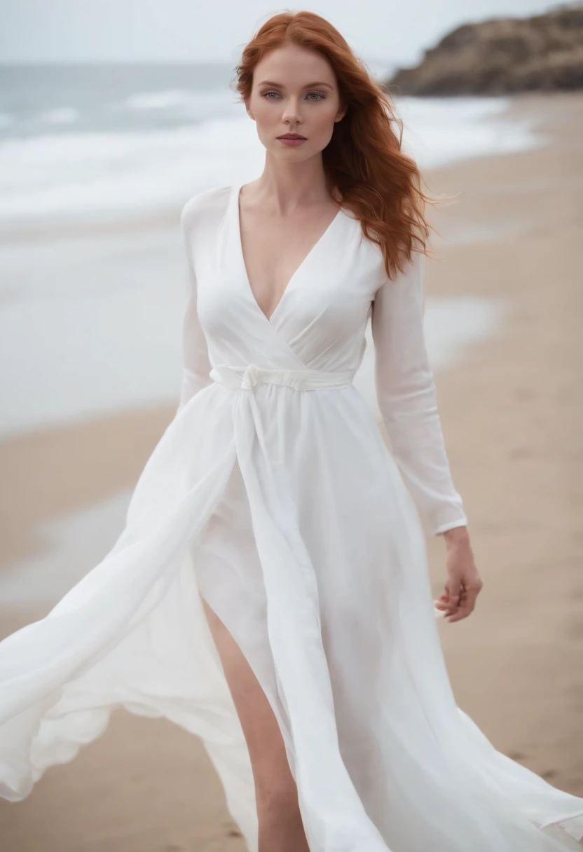 une femme rousse portant une robe blanche sortant de l'ocean ,elle pose pour playboy , meilleur qualite ,elle regarde l'objectif