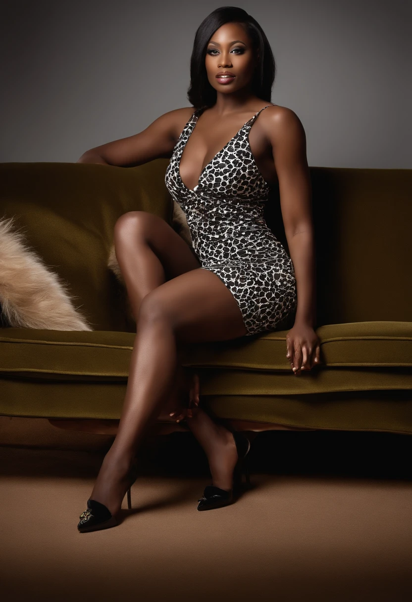 femme noire, 30ans, very forced skin, Top model, Sofa, seduction, underwear, pose sexy, leg spread