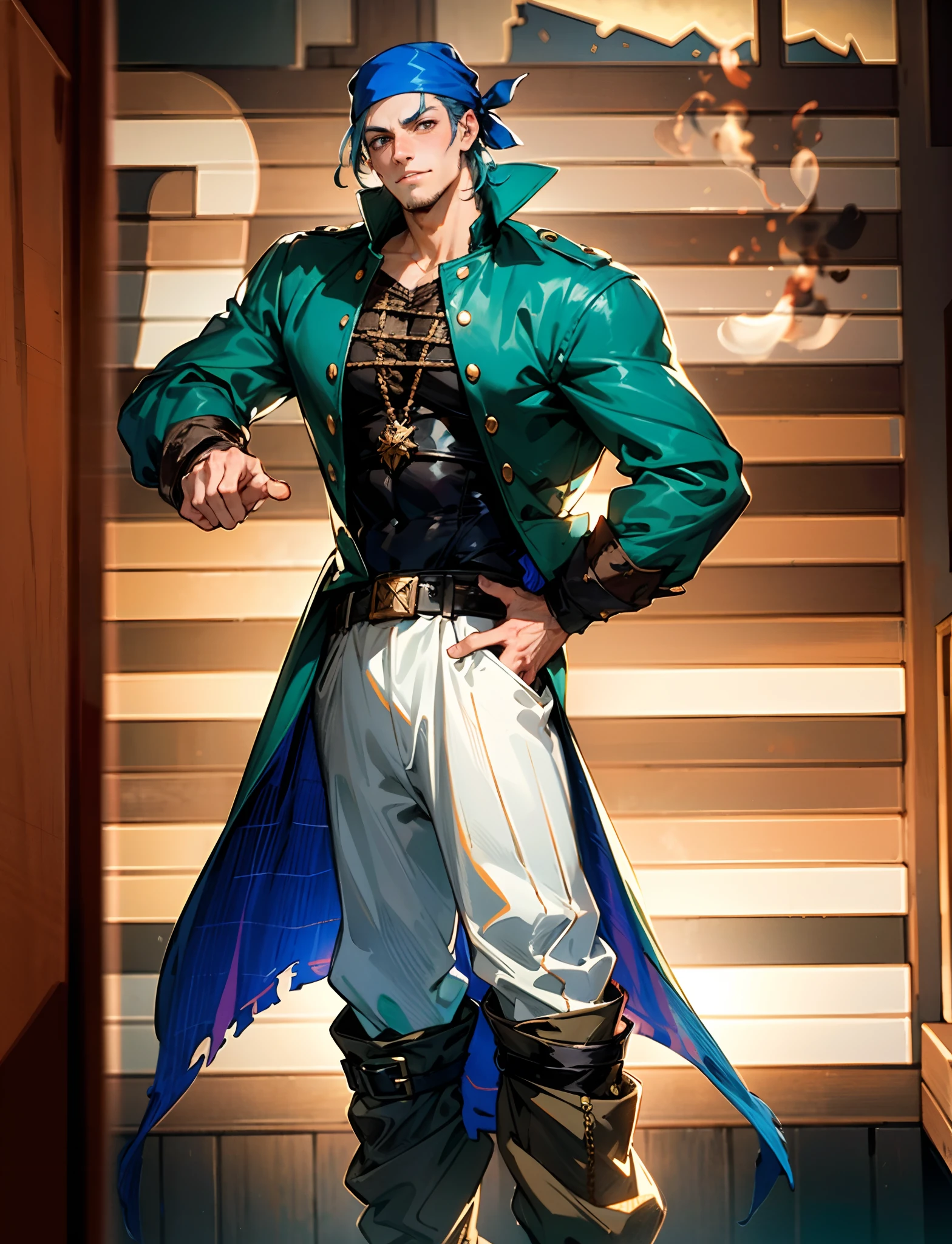 A man with short aqua-blue hair, wearing a headscarf, a fearless gaze, a playful smile, a confident demeanor, he has distinct facial features, he wears a two-piece fantasy pirate outfit, wears a black tight-fitting shirt underneath, a loose sky-blue coat over it, a ghostly face emblem belt, loose fabric pants, stands within a bustling fantasy medieval tavern, this character embodies a finely crafted fantasy-style pirate in anime style, characterized by an exquisite and mature manga illustration art style, high definition, best quality, highres, ultra-detailed, ultra-fine painting, extremely delicate, professional, anatomically correct, symmetrical face, extremely detailed eyes and face, high quality eyes, creativity, RAW photo, UHD, 8k, Natural light, cinematic lighting, masterpiece:1.5