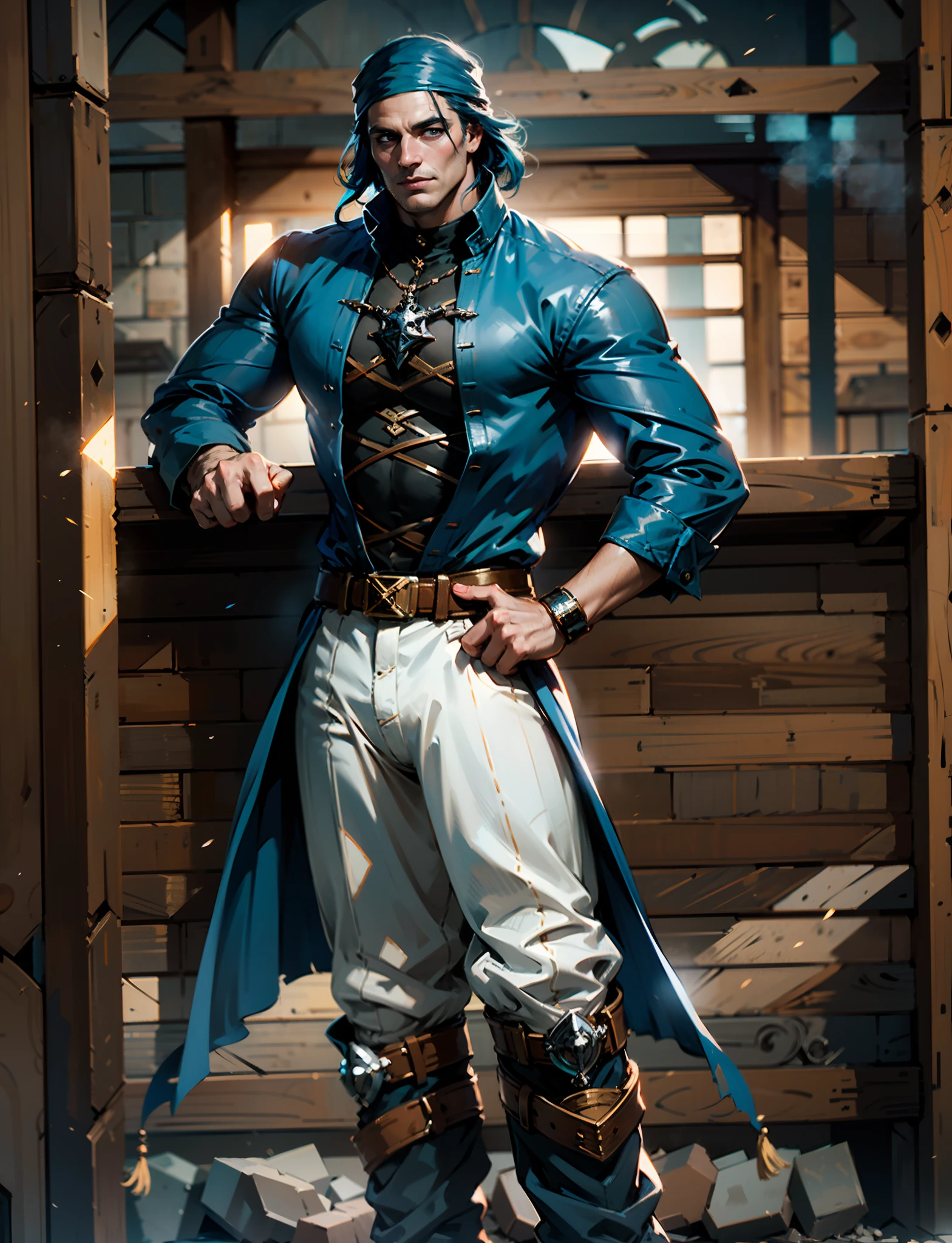 A man with short aqua-blue hair, wearing a headscarf, a fearless gaze, a playful smile, a confident demeanor, he has distinct facial features, he wears a two-piece fantasy pirate outfit, wears a black tight-fitting shirt underneath, a loose sky-blue coat over it, a ghostly face emblem belt, loose fabric pants, stands within a bustling fantasy medieval tavern, this character embodies a finely crafted fantasy-style pirate in anime style, characterized by an exquisite and mature manga illustration art style, high definition, best quality, highres, ultra-detailed, ultra-fine painting, extremely delicate, professional, anatomically correct, symmetrical face, extremely detailed eyes and face, high quality eyes, creativity, RAW photo, UHD, 8k, Natural light, cinematic lighting, masterpiece:1.5