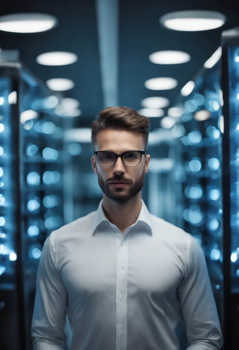 (best quality,4K,hight resolution),(realistisch,fotorealistisch:1.37),portrait(eng beschnitten),Mann mit Vollbart,Glatze,Wearer of glasses,Stehen in einem Rechenzentrum,Professionell,ernste Miene,Moderne Technik,Server-Racks,LED-Leuchten,cool blue tones ,Scharfer Fokus,detailed facial features,Im Hintergrund brummen Computer,Klare und klare Linien,Schlankes und minimalistisches Design,Tidy space,Berufskleidung