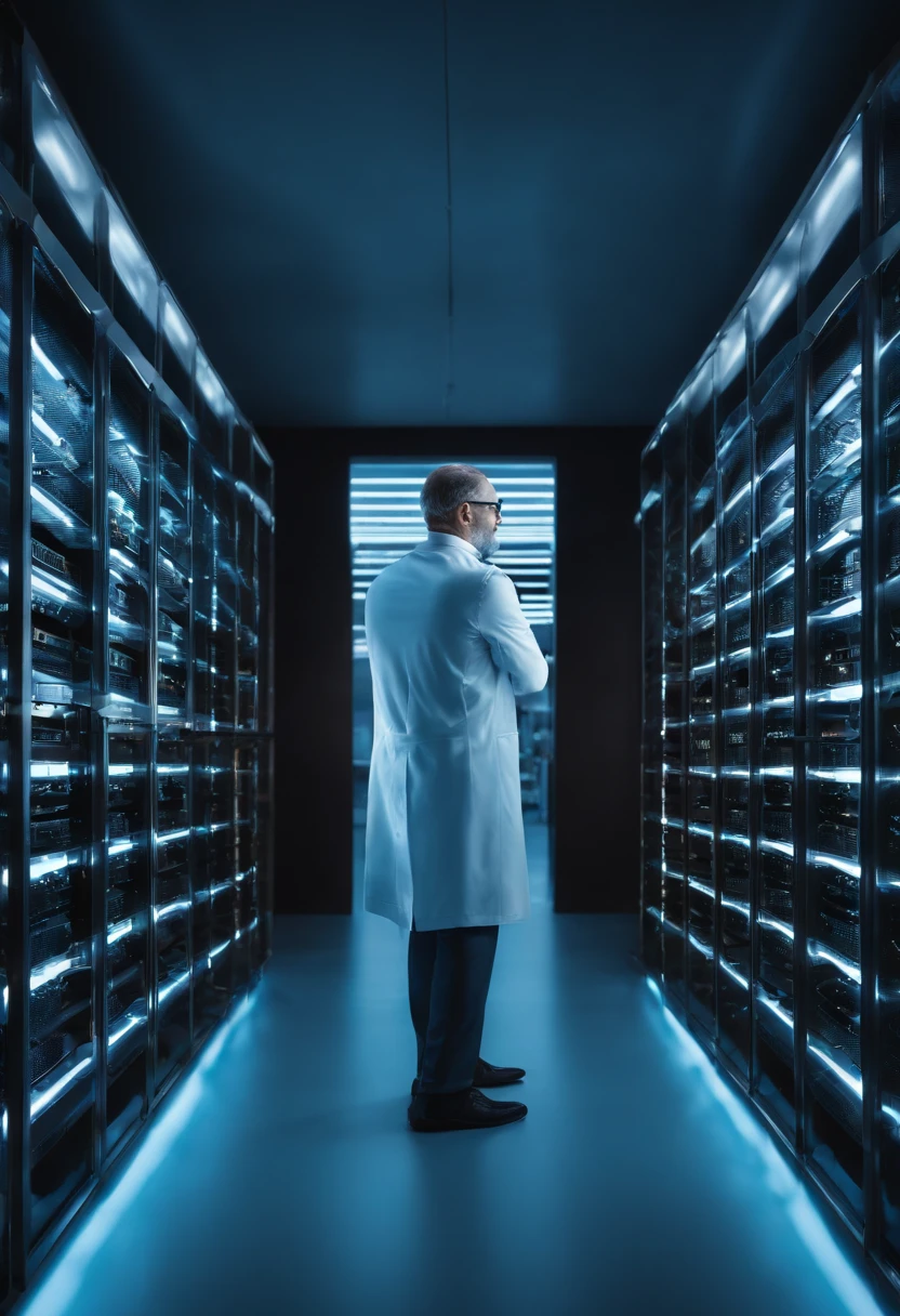 (best quality,4K,hight resolution),(realistisch,fotorealistisch:1.37),portrait(eng beschnitten),Mann mit Vollbart,Glatze,Wearer of glasses,Stehen in einem Rechenzentrum,Professionell,ernste Miene,Moderne Technik,Server-Racks,LED-Leuchten,cool blue tones ,Scharfer Fokus,detailed facial features,Im Hintergrund brummen Computer,Klare und klare Linien,Schlankes und minimalistisches Design,Tidy space,Berufskleidung