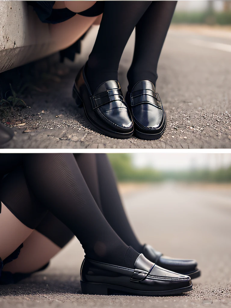 Top image quality,Live-action、1 female leg,(Close-up image from knee to toe)、Sitting on the ground、sitting on ground、Wear black knee socks up to half of your right leg、Beautiful skins、Skinny Legs、I'm wearing loafers、solidbackground、(((Side view)))、Focus on the knee