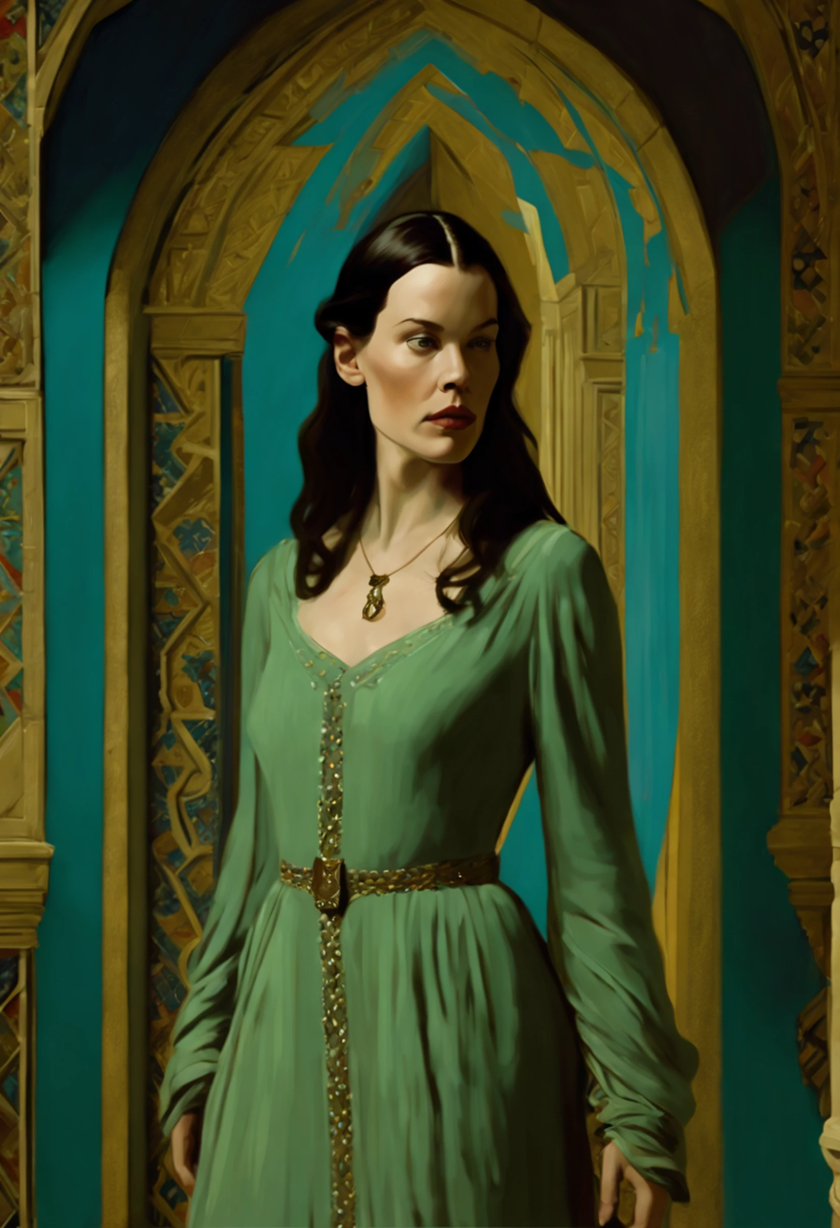 ((Liv Tyler), (Arwen)),  estilo modelshoot, Parece Keira Knightley, (extremamente detalhado CG unidade 8k papel de parede), foto corporal completa da obra de arte mais bonita do mundo, Bruxa medieval inglesa, Vale Verde, pearl skin,coroa de ouro, ouros, Plano de fundo detalhado com arquitetura medieval, professional majestic oil painting by Ed Blinkey, Atey Ghailan, ghibli studio, Directed by: Jeremy Mann, Greg Manxadinho, Antonio Moro, trending on ArtStation, trending in cgsociety, intrincado, High detail, foco nítido, Dramatic, Arte de pintura fotorrealista de Midjourney e Greg Rutkowski