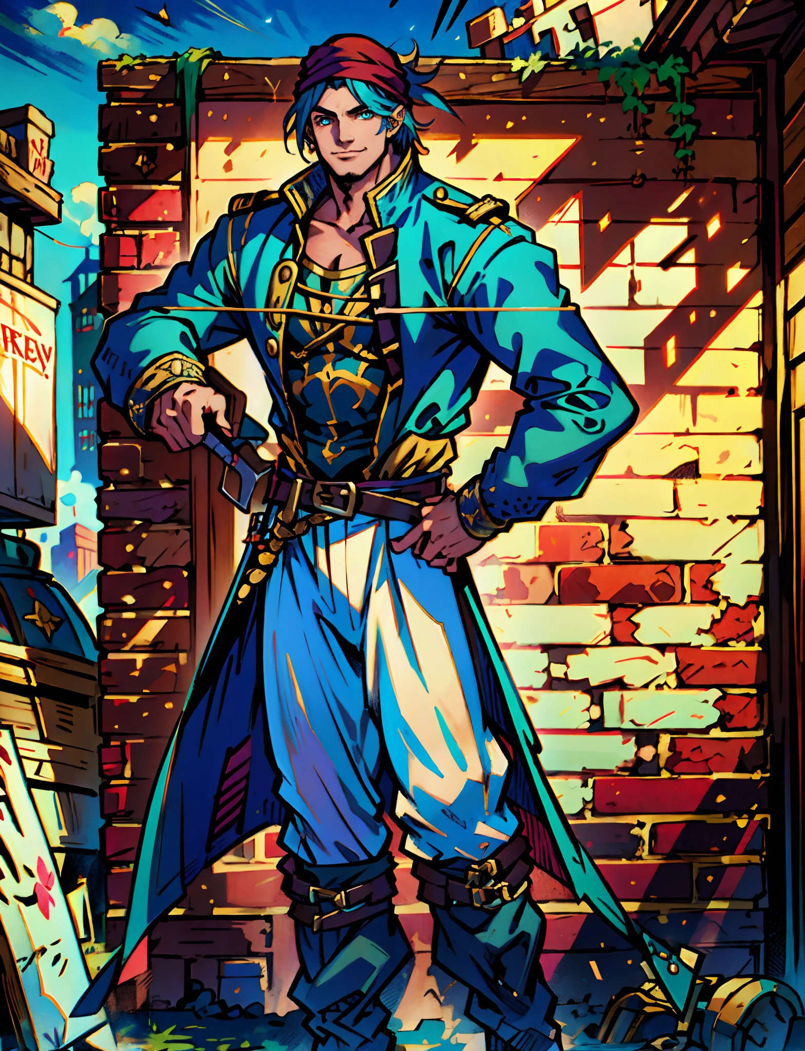 A man with short aqua-blue hair, wearing a headscarf, a fearless gaze, a playful smile, a confident demeanor, he has distinct facial features, he wears a two-piece fantasy pirate outfit, wears a black tight-fitting shirt underneath, a loose sky-blue coat over it, a ghostly face emblem belt, loose fabric pants, stands within a bustling fantasy medieval tavern, this character embodies a finely crafted fantasy-style pirate in anime style, characterized by an exquisite and mature manga illustration art style, high definition, best quality, highres, ultra-detailed, ultra-fine painting, extremely delicate, professional, anatomically correct, symmetrical face, extremely detailed eyes and face, high quality eyes, creativity, RAW photo, UHD, 8k, Natural light, cinematic lighting, masterpiece:1.5