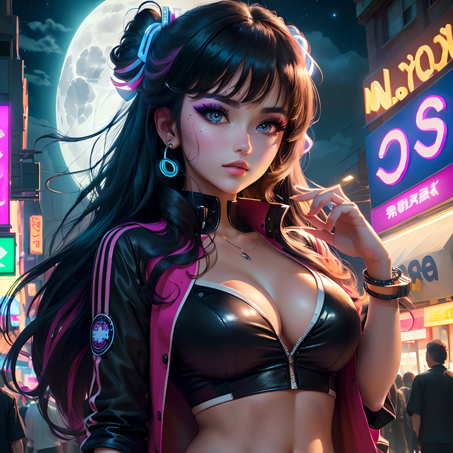 A beautiful woman in gyaru makeup wearing school uniform on the bustling streets of Gintama, surrounded by vendors, beautiful portrait of a stunning goddess girl, beautiful detailed face, porcelain skin, half body shot, centered,(black hai,navel:1.2),((moonlight,night,big neons,strong neon lighting,rim lighting,two tone lighting))),