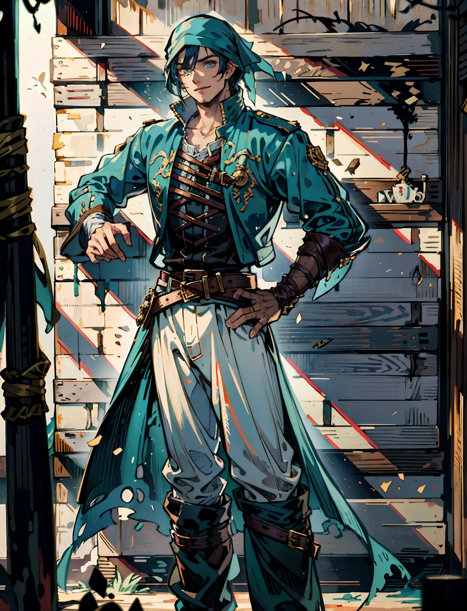 A man with short aqua-blue hair, wearing a headscarf, a fearless gaze, a playful smile, a confident demeanor, he has distinct facial features, he wears a two-piece fantasy pirate outfit, wears a black tight-fitting shirt underneath, a loose sky-blue coat over it, a ghostly face emblem belt, loose fabric pants, stands within a bustling fantasy medieval tavern, this character embodies a finely crafted fantasy-style pirate in anime style, characterized by an exquisite and mature manga illustration art style, high definition, best quality, highres, ultra-detailed, ultra-fine painting, extremely delicate, professional, anatomically correct, symmetrical face, extremely detailed eyes and face, high quality eyes, creativity, RAW photo, UHD, 8k, Natural light, cinematic lighting, masterpiece:1.5