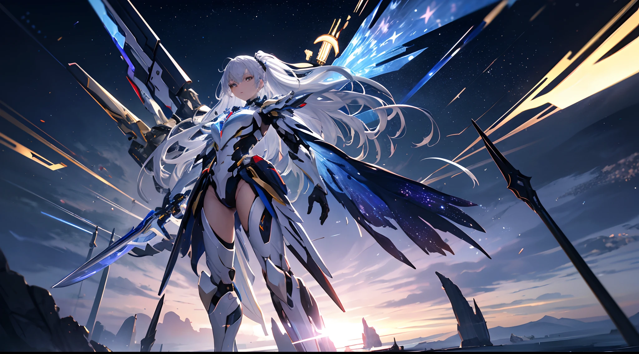 1girl in,A girl with a cyborg body watching a flying kick..,Beautiful as an angel,cool expression,Accurately drawn face,Long flowing silver hair,mechanical ears,perfectly proportions,precision mechanical fingers,Cyborg body precisely designed with plastic and metal,Joints are mechanical,Active Poses and Angles,background like cyberspace,masterpiece,hiquality,