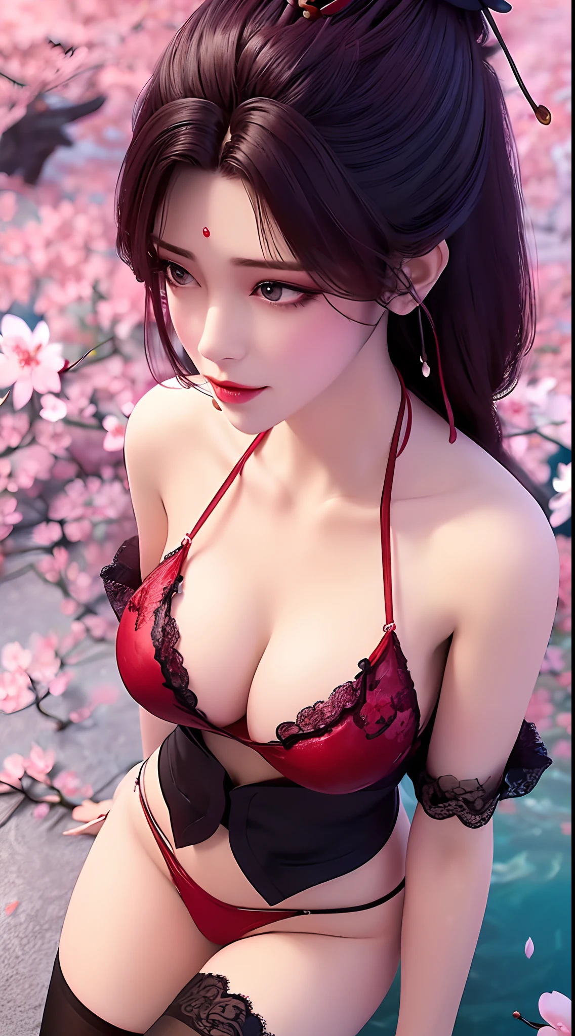 1 sexy beautiful girl, ((wearing a super sexy red bikini with black lace trim:1.6)), ((wearing tight black lace stockings with super sexy straps:1.5)), golden iridescent aura, bust out, show off her round bust, deep slit shirt, long black purple hair, the most beautiful and detailed hair jewelry, beautiful little face thin eyebrows, the most beautiful and spotless face, ((Yellow iris:0.8)), the very beautiful eyes, big round eyes, purple eyes, fine and detailed makeup eyelashes, high nose, wearing earrings, small red lips, rosy face, clean face, beautiful face without blemish, smooth white skin, ((big breasts: 0.9)), Blums boobs, ((big and super round breasts:0.9)), ((super tight breasts:1.2)), ((breast augmentation: 0.8)), beautiful breasts, fit body, ((thin waist: 0.9)), upper body of a beautiful girl, Hot and sexy petite body, sexy girl, hands hanging down, 8k photo, super high quality, super realistic, 10x super pixels, photo realistic, dark studio, border light, two tone light, (detailed skin high: 1.2), 8k uhd, dslr, soft light, high quality, volumetric light, candid, Photo, high resolution, light, best photo, 4k quality, 8k, Bokeh, Smooth and sharp, pixel up 10 times, ((the sea and falling cherry blossoms effect background:1.8)), aurora, lightning, super graphics, the most realistic graphics,(Aurora Background: 1.8), alone, solo, portrait 9:16,