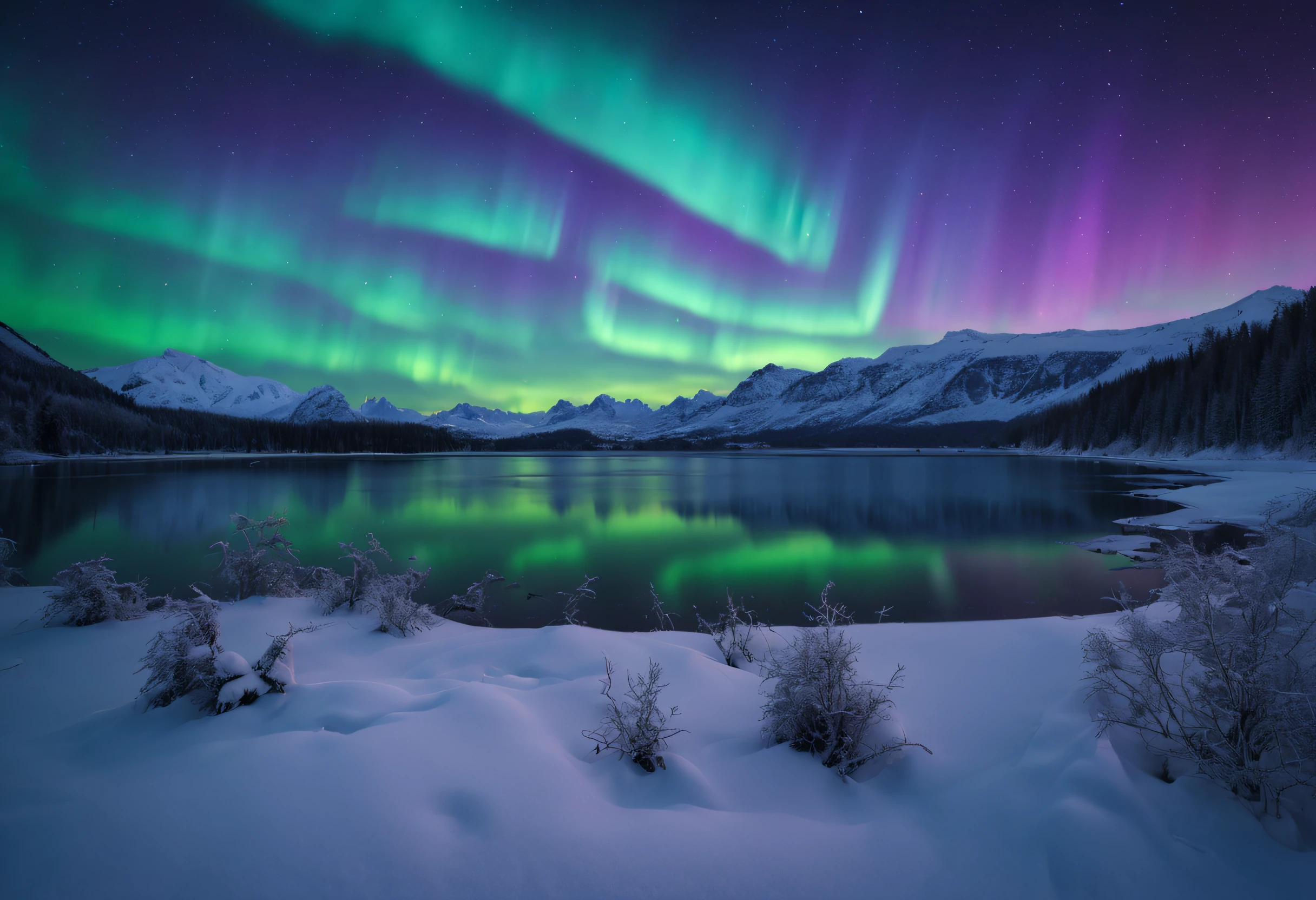 (best quality,4k,8k,highres,masterpiece:1.2),ultra-detailed,(realistic,photorealistic,photo-realistic:1.37),vivid colors,bokeh,northern lights,aurora borealis,winter wonderland,snow-covered landscape,starry night,glowing sky,dancing lights,icy trees,peaceful atmosphere,purple and green hues,majestic display,ethereal beauty,magical scene,frozen lake,reflection,serene silence,awe-inspiring,tranquil setting,captivating spectacle,enchanted forest,otherworldly experience,mystical colors,dazzling exhibition,celestial display,shimmering curtains of light,jaw-dropping view,unforgettable moment,mesmerizing patterns,frozen breath,nature's fascinating phenomenon,whispering wind,kaleidoscope of colors,dreamlike ambiance,celestial magic,illusory beauty,cold and crisp air,winter's enchantment,cosmic dance