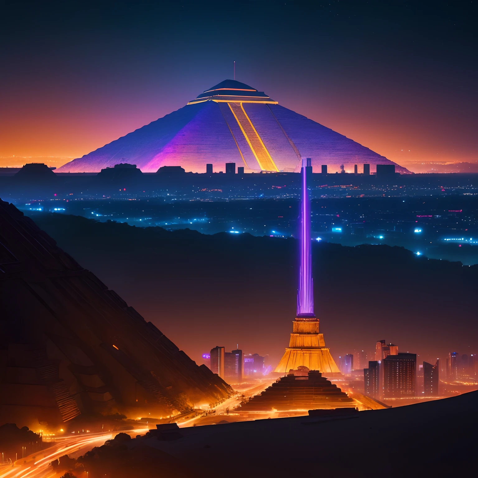 (Best Quality,8K,Realistic:1.37),neons,The sheen,shiny,tron,A city scape,Digital World,digital,Teotihuacan,Ancient Civilizations,Cyber City,strong contrasts,Pyramids,Tower of the Sun