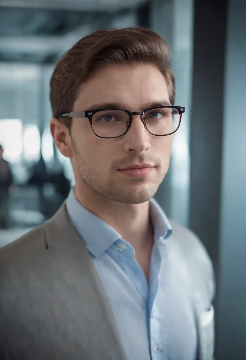 (best quality,4K,hight resolution),(realistisch,fotorealistisch:1.37),portrait(eng beschnitten),Mann mit Vollbart,Glatze,Wearer of glasses,Stehen in einem Rechenzentrum,Professionell,ernste Miene,Moderne Technik,Server-Racks,LED-Leuchten,cool blue tones ,Scharfer Fokus,detailed facial features,Im Hintergrund brummen Computer,Klare und klare Linien,Schlankes und minimalistisches Design,Tidy space,Berufskleidung