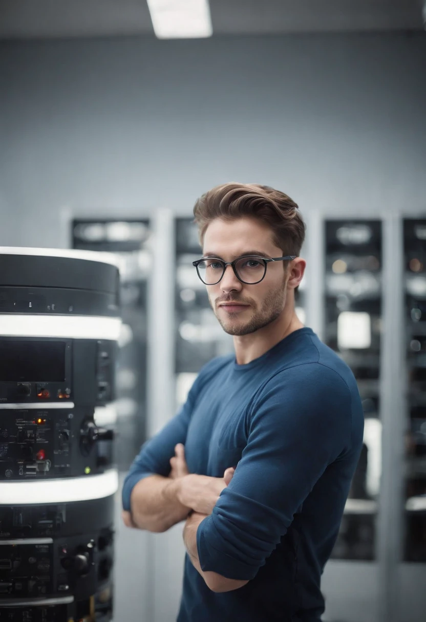 (best quality,4K,hight resolution),(realistisch,fotorealistisch:1.37),portrait(eng beschnitten),Mann mit Vollbart,Glatze,Wearer of glasses,Stehen in einem Rechenzentrum,Professionell,ernste Miene,Moderne Technik,Server-Racks,LED-Leuchten,cool blue tones ,Scharfer Fokus,detailed facial features,Im Hintergrund brummen Computer,Klare und klare Linien,Schlankes und minimalistisches Design,Tidy space,Berufskleidung
