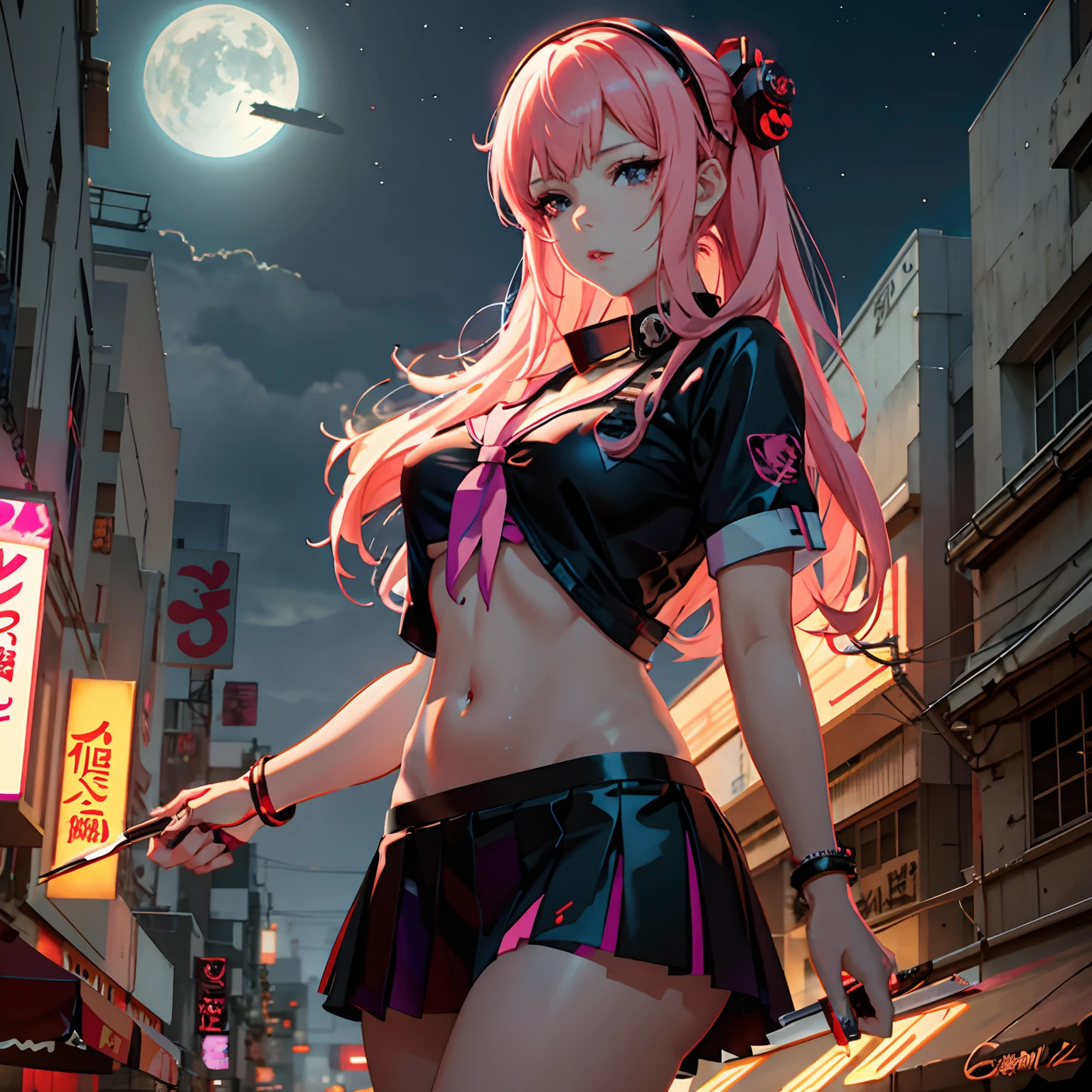 anime girl in a short skirt and top holding a knife, anime style 4 k, seductive anime girl, anime style. 8k, anime girl, cyberpunk anime girl, artwork in the style of guweiz, anime cyberpunk art, anime styled digital art, digital anime art, digital cyberpunk anime art, anime art wallpaper 8 k, anime wallpaper 4 k