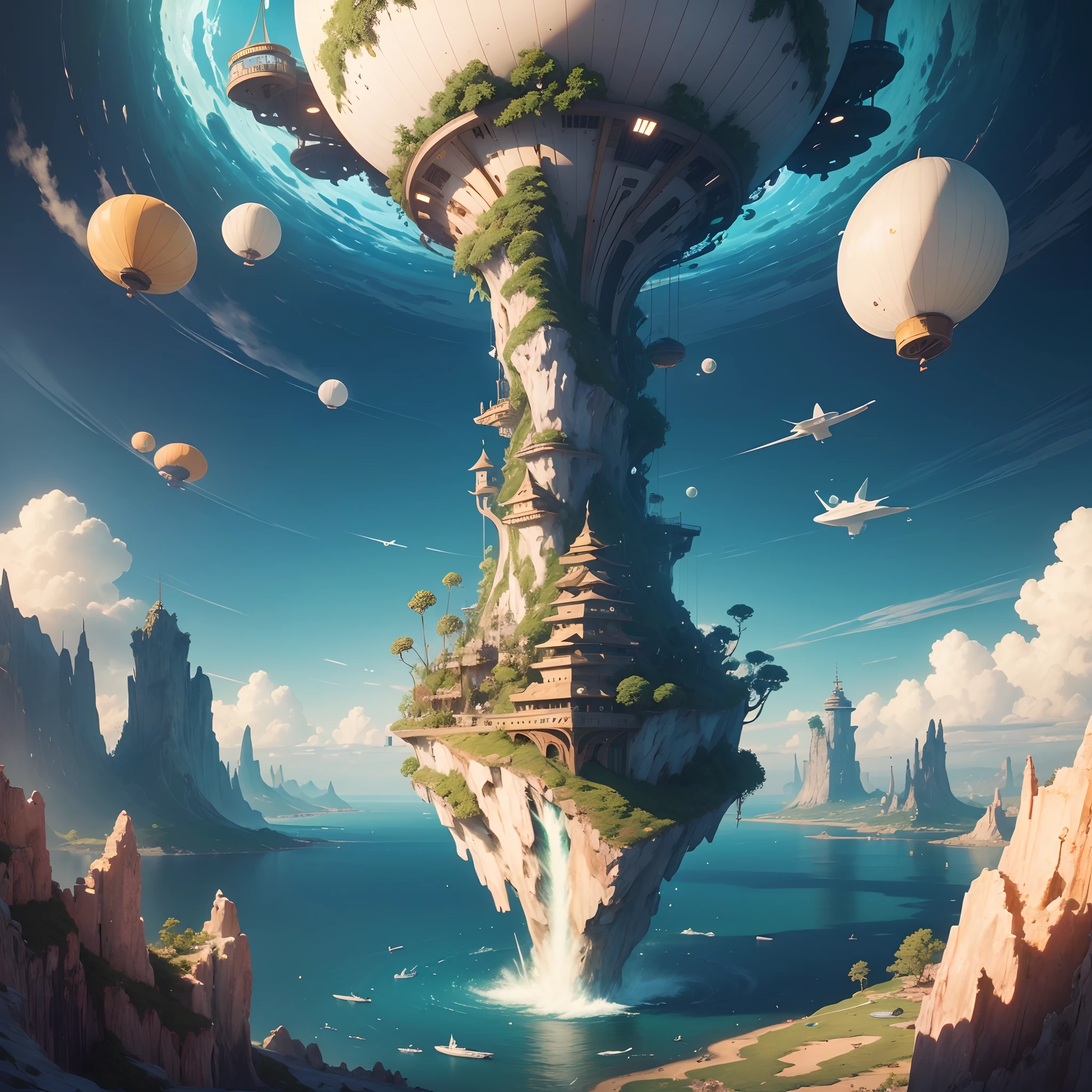 Uninterrupted panoramic view、Many islands々floats in the air、Many small airships are flying around, world map、Fantasia, Magic plants are growing, Extreme details, Realistic light, Magnificent composition, (intricate-detail), (intricate designs, ultra-detailliert:1.2), art stations, (masterpiece, top-quality), Ulutra HD, 32K Waiting to start --v 6