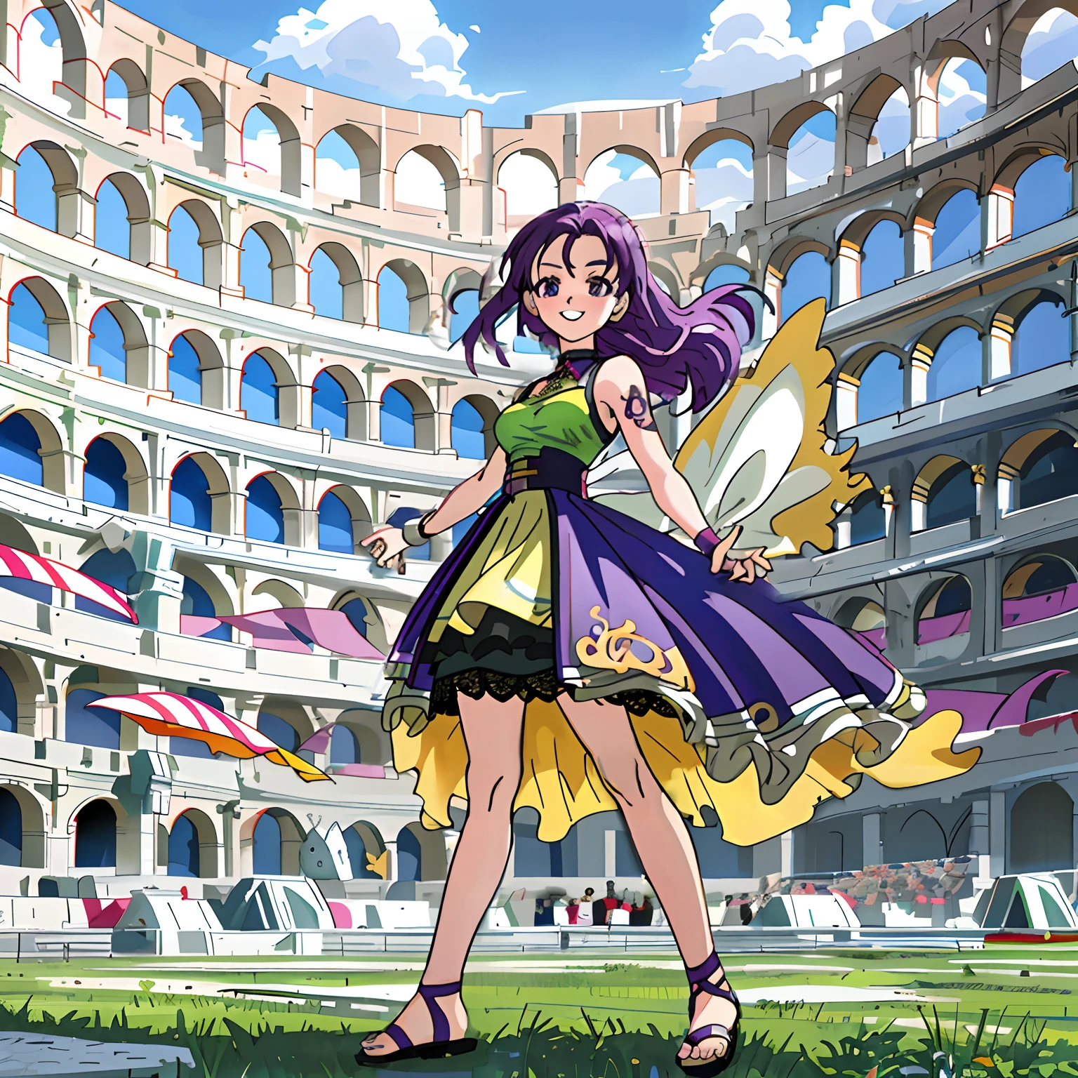 Colorful, Up-close, purple color hair, Ultra-realistic hair quality, Vibrant colors, Young Girl, 14years old girl, Beautiful long hair, Shiny hair, detailed hairs, Hair Ribbon, Single-sided up, Reo Mikage, Blue Lock, no sleeves, Sleeveless, Open shoulders, Camisole and cheongsam, Blue Camisole, Panniers and cheongsam, Dress, Lace dress, long-one-piece dress, Chest exposure, Lace underwear, Metamorphosis is exposed, buckles, Choker, Black Choker, complete fingers, Five Fingers, Two arms, Two hands, The tattoo, body tattoo, arm tattoos, Blue Rose Tattoo, Tattoo on the wrist, Tattoo on the thigh, Sandals, gladiator sandals, Long sandals, Bare legged, garterbelts,Relative area, Sexy breasts, Big breasts, red blush, 1girl in, Solo, Sharp face, Heterochromia, Green eyes, Purple eyes, Bare neck, Happy face, lightsmile, Skirt in dress, Panniers in dresses, Torn dress, Tattered Dress