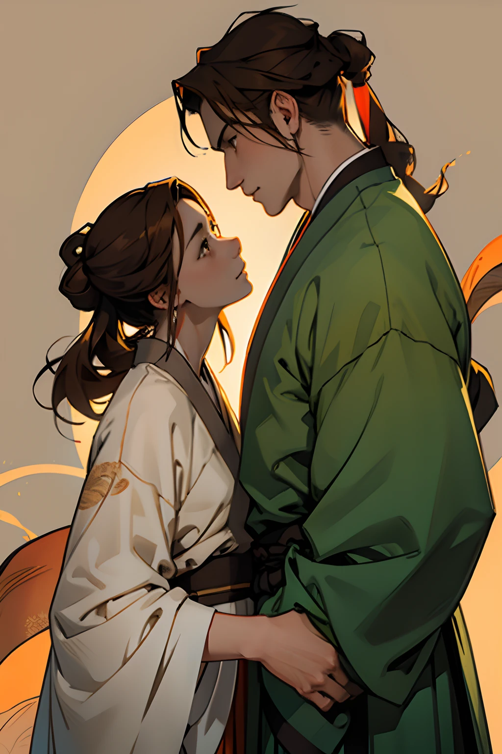 A boy and a girl, (lovers), masterpiece, 8k, high resolution, ultra details, professional lighting, green hakama, muscle young man, white and orange hanfu, brown hair male, brown hair brown eyes female, Chinese pattern background, gentle expression, wuxia