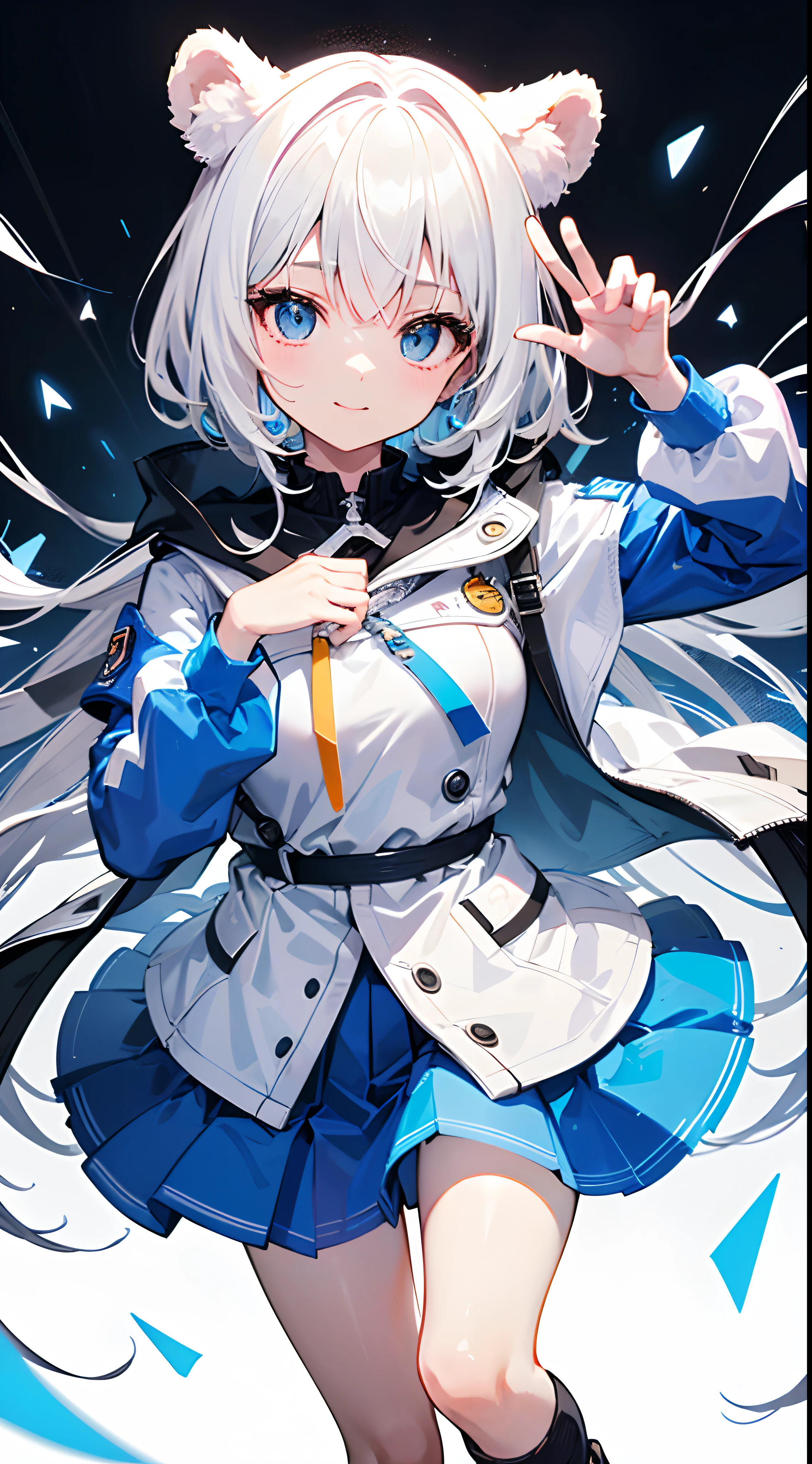 ((1girll,solo,Single portrait,tmasterpiece,Best quality,High quality,A masterpiece)),(dynamicposes),(white bear),Bear ears,White hair,Blue eyes,ssmile,Electronic elements,music,musical note,Fluorescent color,High-tech coat,White jacket,Blue and white skirt,pleatedskirt,Short black socks,White boots,(Blue circle),Vertical hit,music,Advanced,album covers