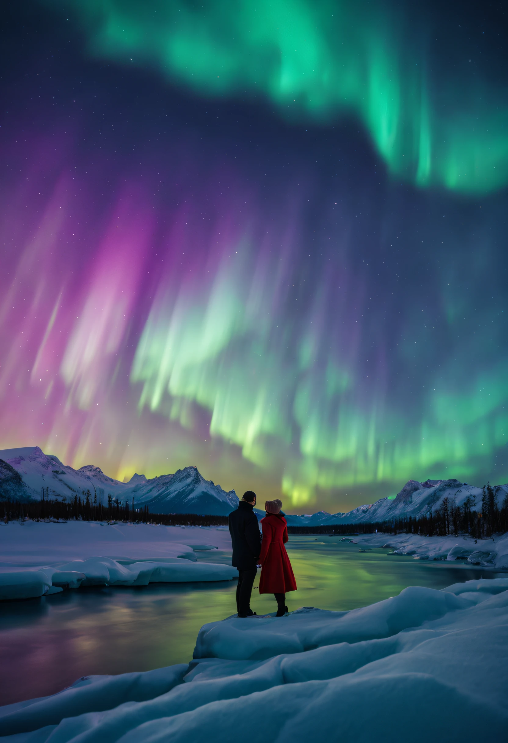 (best quality, 4k, 8k, high resolution, masterpiece: 1.2), ultra detailed, (realistic, photorealistic, photorealistic: 1.37), vivid colors, bokeh, a couple in love looking at the northern lights, ethereal beauty, magical scene, Tranquil and a stunning setting, a captivating spectacle, Northern Lights Photographer of the Year award-winning image, by RUSLAN MERZLYAKOV