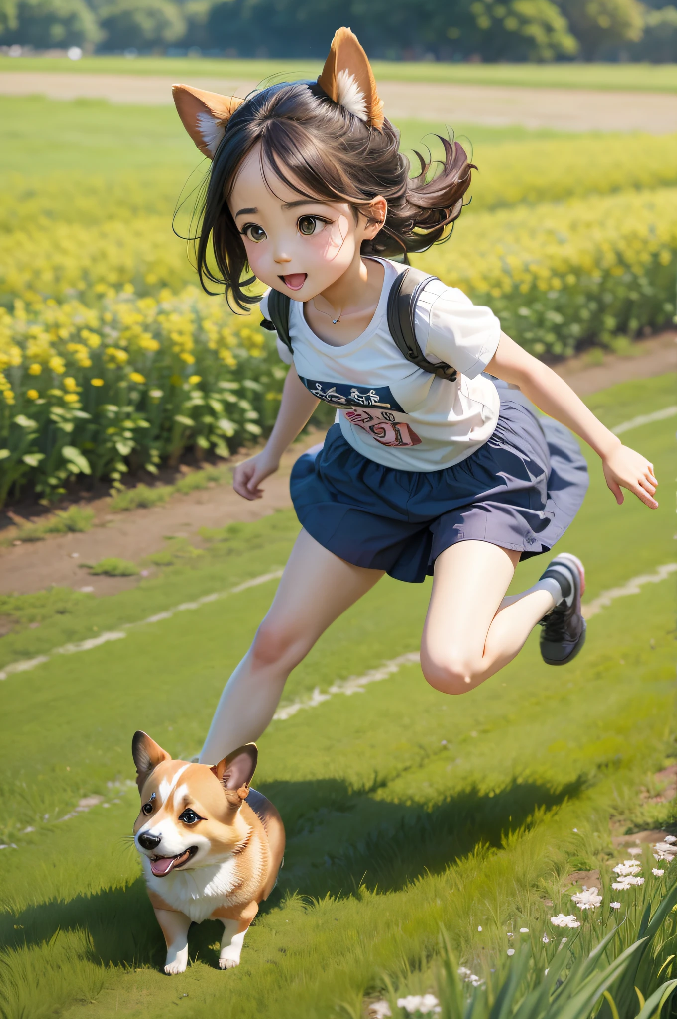 corgi　kawaii girl　grass field　run