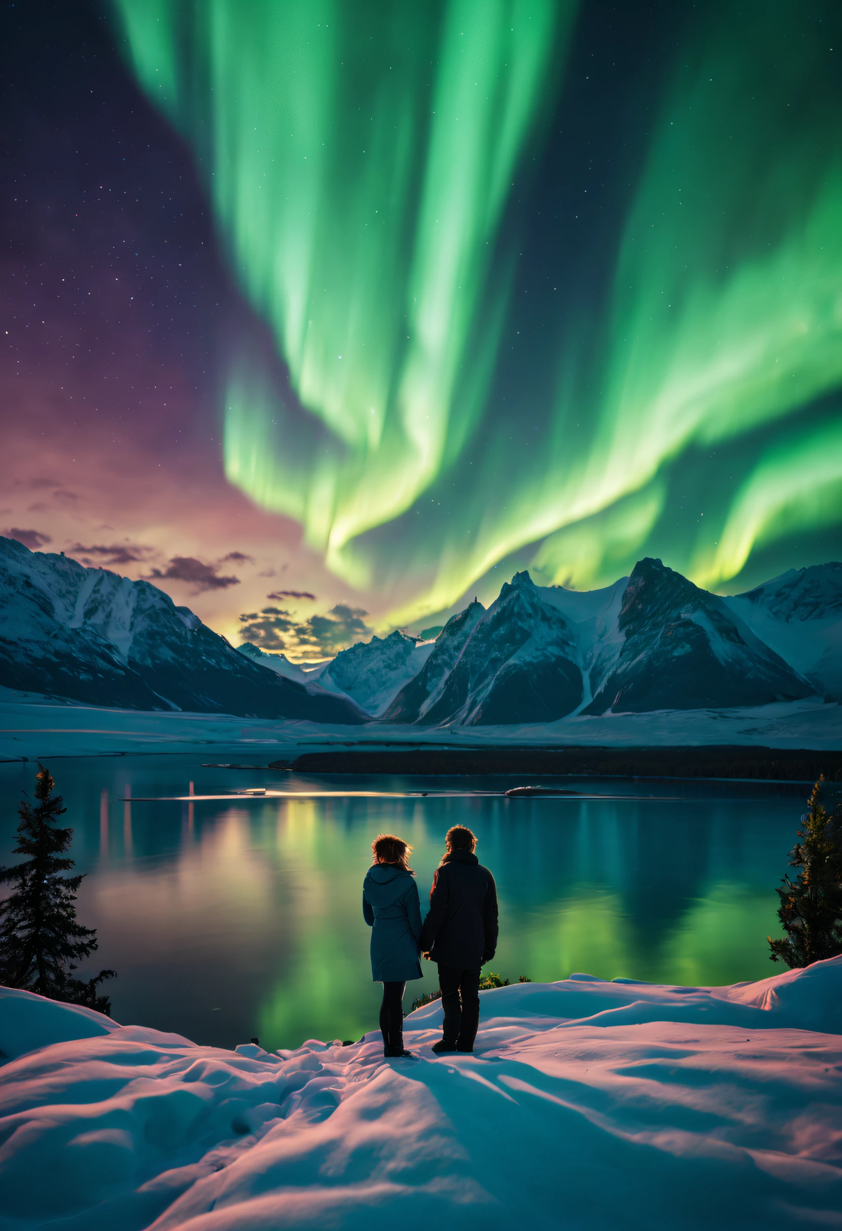 (best quality, 4k, 8k, high resolution, masterpiece: 1.2), ultra detailed, (realistic, photorealistic, photorealistic: 1.37), vivid colors, bokeh, a couple in love looking at the northern lights, ethereal beauty, magical scene, Tranquil and a stunning setting, a captivating spectacle, Northern Lights Photographer of the Year award-winning image, by RUSLAN MERZLYAKOV
