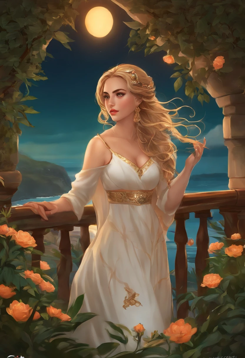 chimamanda skin, detailed beautiful woman, golden hair, medium, wavy, windy hair in a loose bun, detaiiled perfect dark blue eyes, delicate symmetric realistic and beautiful face, (sunny seaside background), regency lady dress, fairy, full body, masterpiece, fine detail, rich colors, dramatic lighting, extremely detailed, cinematic lighting hyperdetailed painting, luminism, Bar lighting, complex, 4k resolution concept art portrait by Greg Rutkowski, Artgerm, WLOP, Alphonse Mucha, little fusion pojatti realistic goth: a stunning realistic photograph 20 years