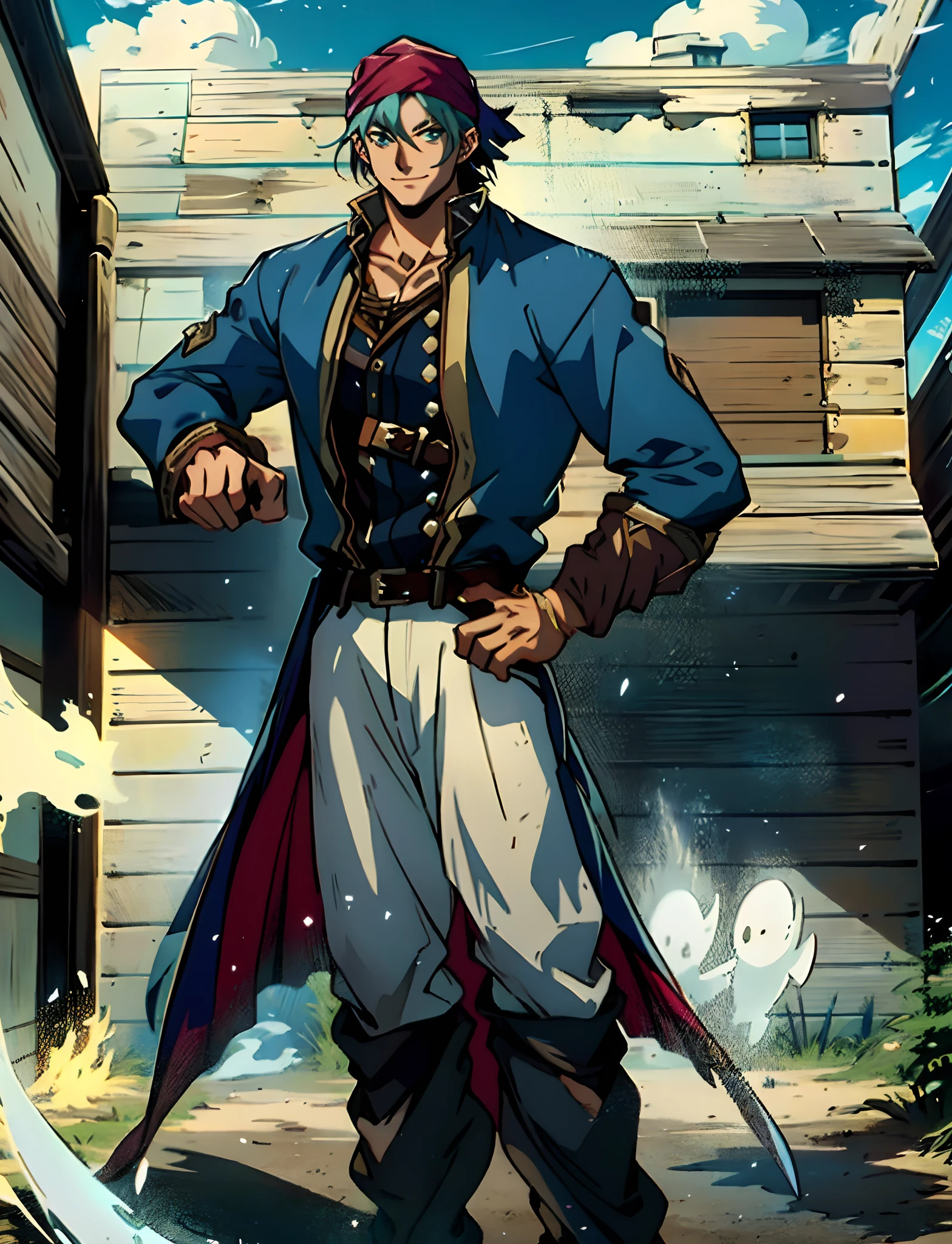 A man with short aqua-blue hair, wearing a headscarf, a fearless gaze, a playful smile, a confident demeanor, he has distinct facial features, he wears a two-piece fantasy pirate outfit, wears a black tight-fitting shirt underneath, a loose sky-blue coat over it, a ghostly face emblem belt, loose fabric pants, stands within a bustling fantasy medieval tavern, this character embodies a finely crafted fantasy-style pirate in anime style, characterized by an exquisite and mature manga illustration art style, high definition, best quality, highres, ultra-detailed, ultra-fine painting, extremely delicate, professional, anatomically correct, symmetrical face, extremely detailed eyes and face, high quality eyes, creativity, RAW photo, UHD, 8k, Natural light, cinematic lighting, masterpiece:1.5