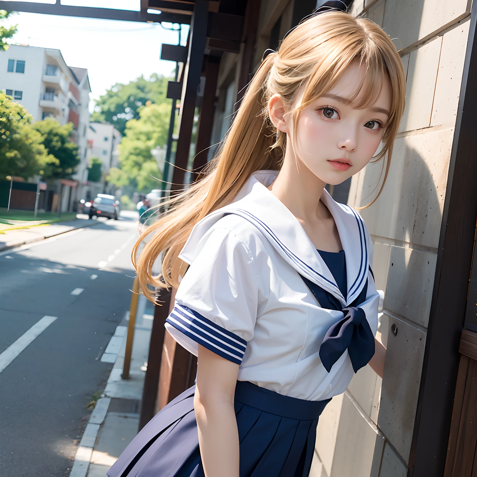 (masutepiece, Best Quality:1.2), 8K, Official art, Raw photo, Full-boded Ville Four、cute butt、Back angle、On the way to take off the uniform、turned around、skinny、years、small tits、unbelievable Ridiculous, (Upper body, 校服、a sailor suit:1.4), Beautiful Girl, Pretty Face, arching back down,、Gold hair ornament on hair、close up, Sailor Suit, Short sleeve, violaceaess, Teen, Street, Looking at Viewer, Film grain, chromatic abberation, Sharp Focus, face lights, Dynamic lighting, Cinematic lighting, Eyes and faces with detailed, Bokeh background,