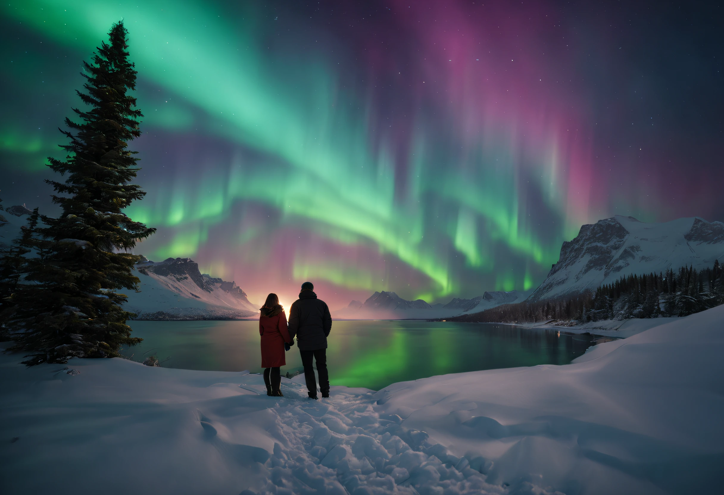 (best quality, 4k, 8k, high resolution, masterpiece: 1.2), ultra detailed, (realistic, photorealistic, photorealistic: 1.37), vivid colors, bokeh, a couple in love looking at the northern lights, ethereal beauty, magical scene, Tranquil and a stunning setting, a captivating spectacle, Northern Lights Photographer of the Year award-winning image, by RUSLAN MERZLYAKOV